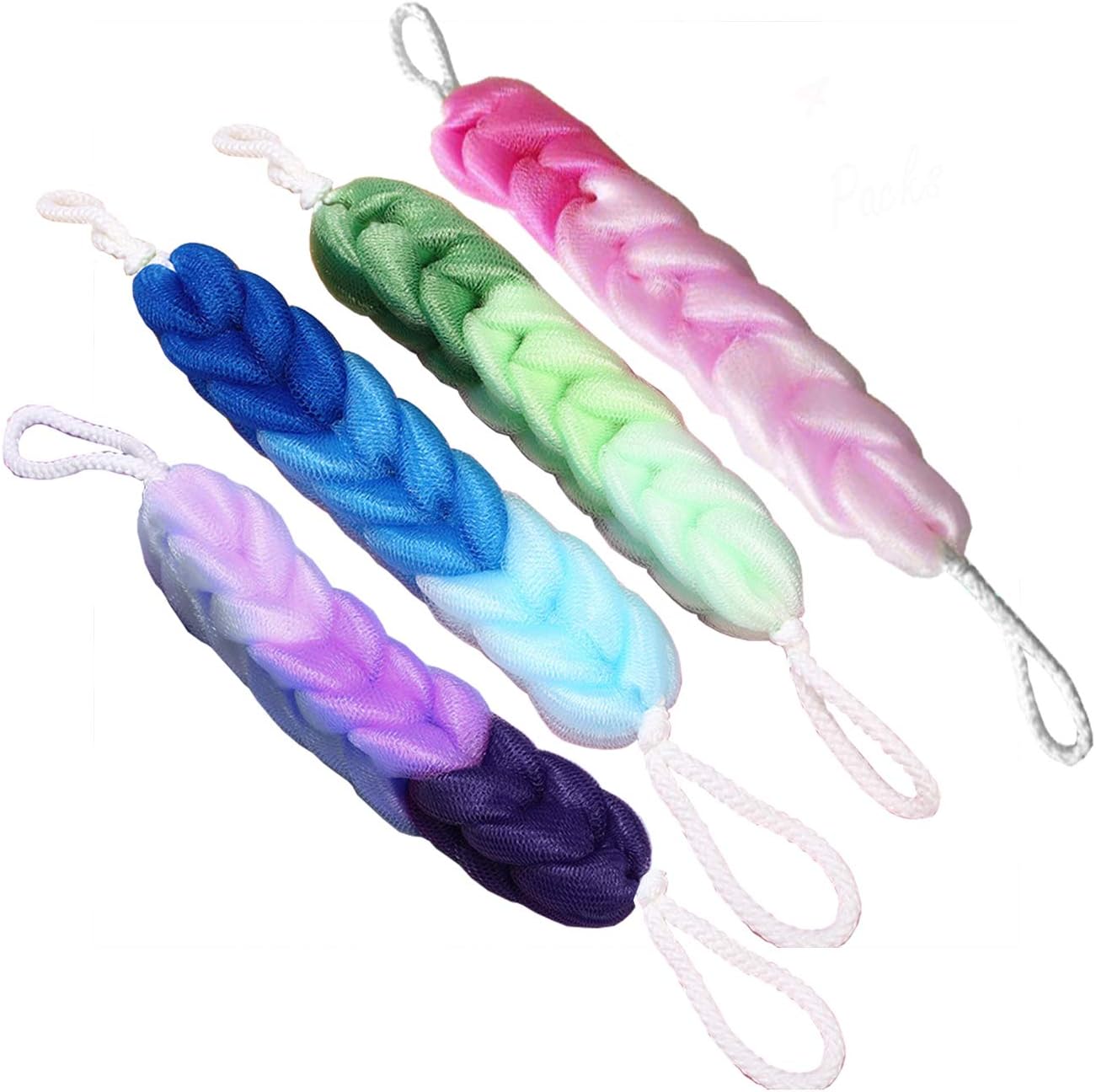AARainbow 4 Packs Long Stretch Back Sponge with Rope Handles Back Scrubber Body Sponges for Bathing, Bath Shower Mesh Sponge Body Deep Cleaning for Men & Women (H-Gradient Color)