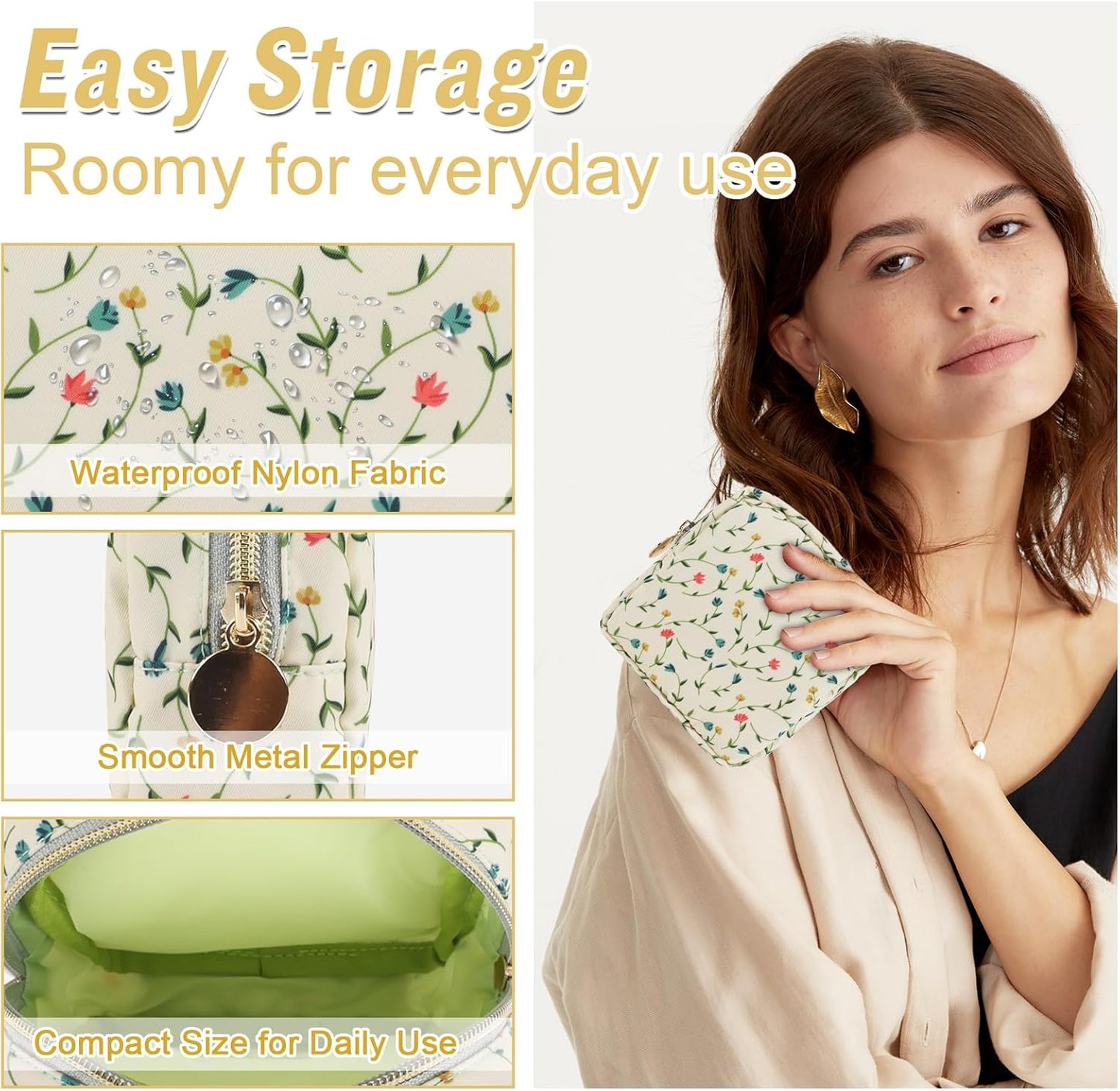 Nylon Mini Floral Makeup Bag for Purse, Small Cute Makeup Bag Preppy Cosmetic Zipper Pouch, Waterproof Travel Set Coin Pouch Sanitary Napkin Storage Bag Makeup Organizer for Women(Light Yellow-Flower)