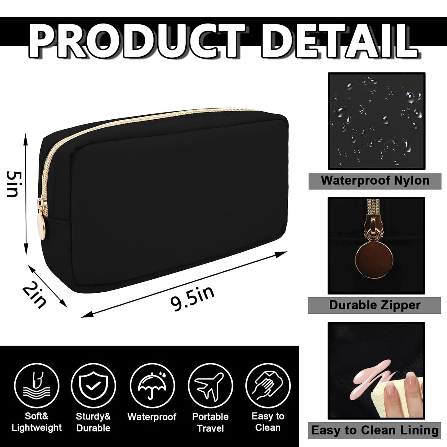 Waterproof Small Makeup Pouch for Purse,Nylon Travel Toiletry Storage Pouch Cute Preppy Cosmetic Bag for Women Girl,Waterproof Makeup Organizer Skincare Bag Purse with Zipper(Small-Black)