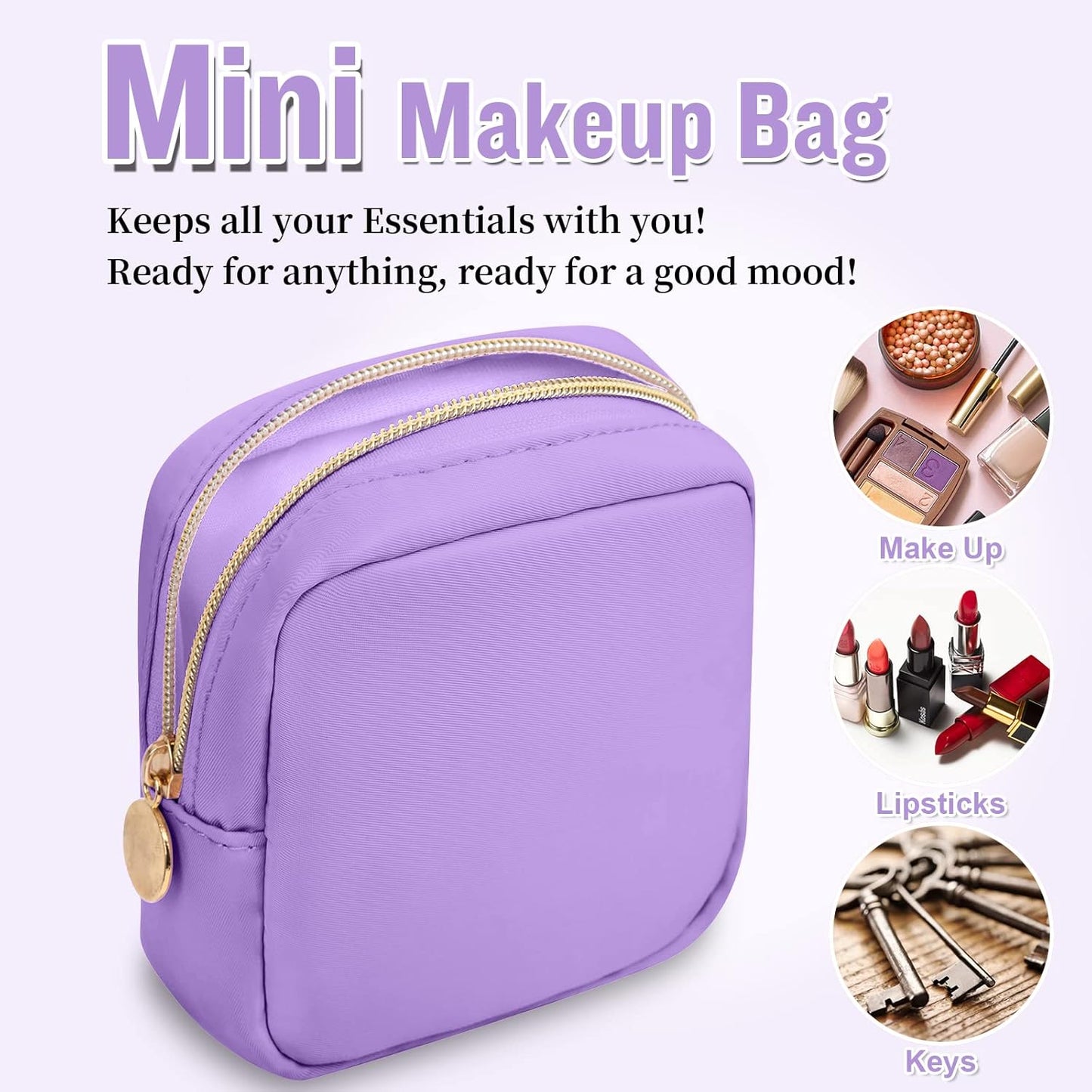 Nylon Mini Makeup Bag for Purse, Preppy Small Cute Makeup Bag Cosmetic Zipper Pouch Purse, Waterproof Travel Coin Pouch Sanitary Napkin Storage Bag Clutch Makeup Organizer for Women Men Girls(Purple)