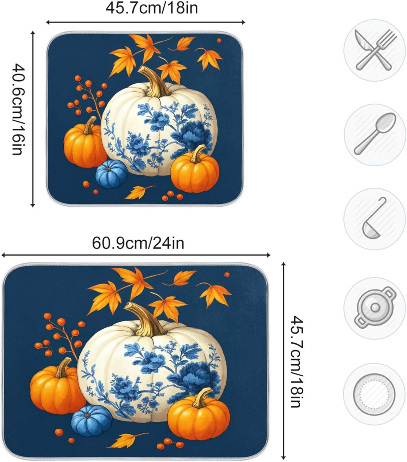Pumpkin Porcelain Blue White Dish Drying Mat for Kitchen Countertop 16x18 Fall Maple Leaves Thanksgiving Day Small Drying Mat Reusable Quick Dry Dish Sink Mats Easy Clean Decorative Essentials