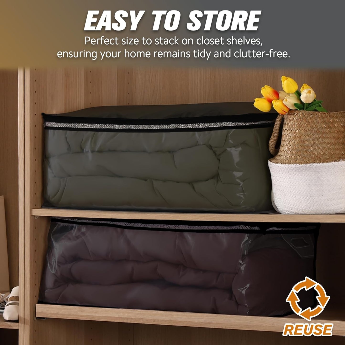 HIBAG 20 Gallon Large Storage Bag for Clothes, Zipper Clothing Storage Bag Organizer with Handles, for Comforters Blankets Pillows Bedding (Black, 2 Pack)