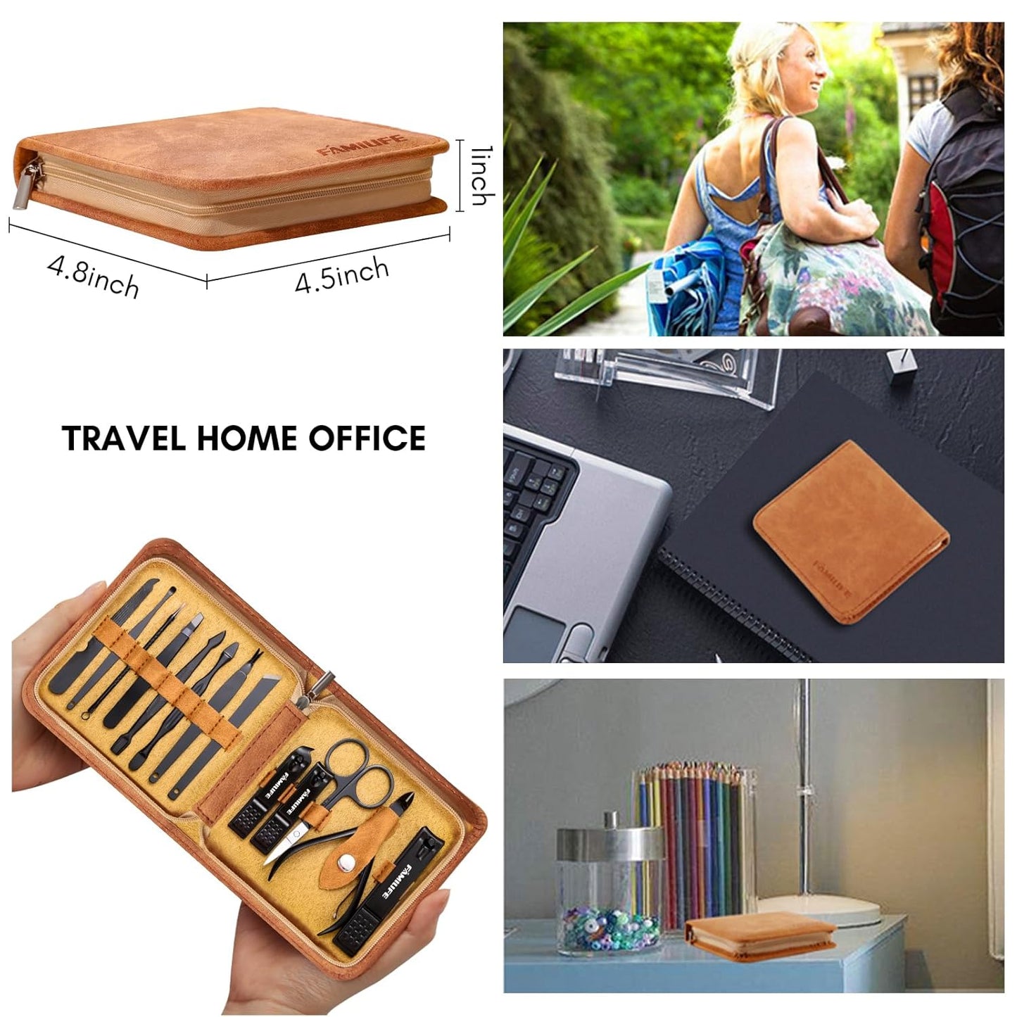 FAMILIFE Manicure Set, Professional Manicure Kit Nail Clipper Set Stainless Steel Pedicure Tools Kit with Leather Travel Case for Women Girl Men (Brown)