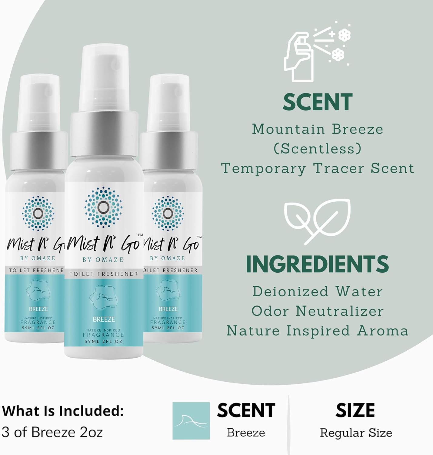 Mist N’ Go by Omaze Travel Bathroom Spray for Toilet Spray Odor Eliminator - Travel Toilet Spray for Bathroom Air Freshener Spray for Bathroom Deodorizer - Breeze Regular Size (2oz x3)