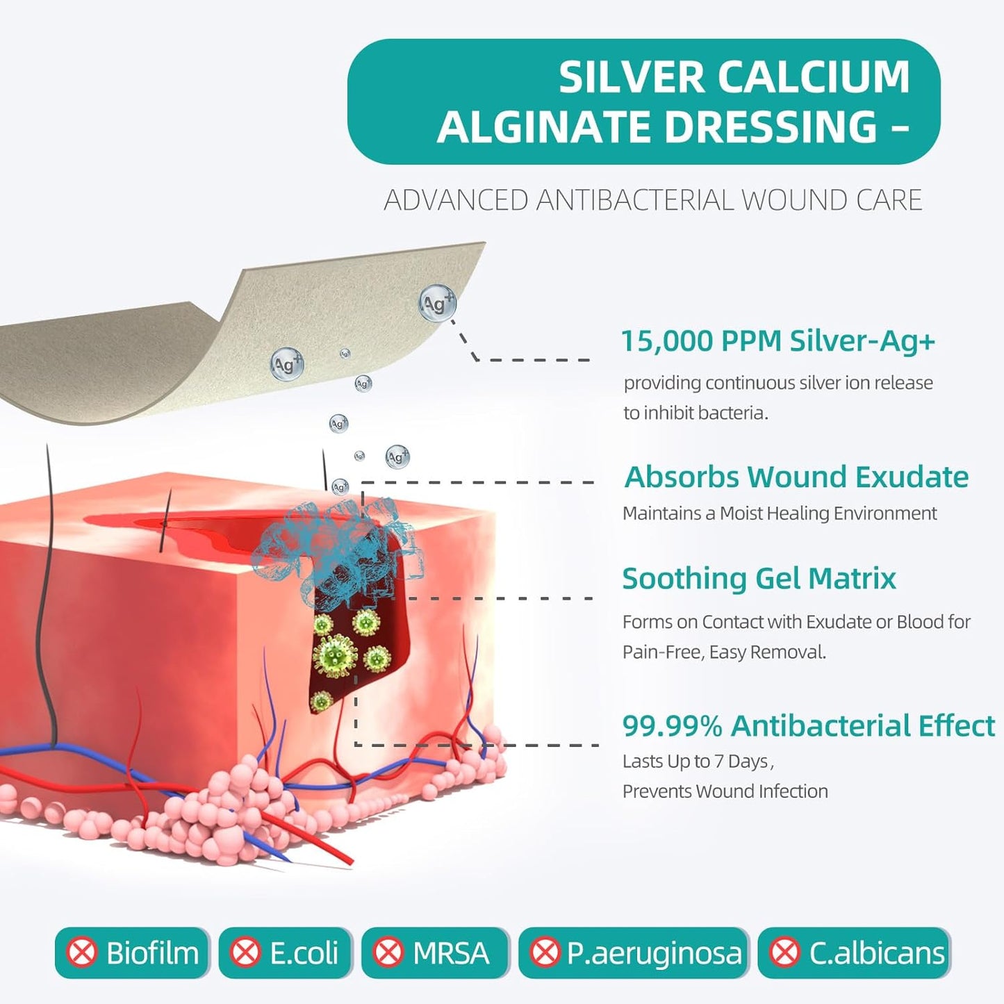 Dimora Upgrade Silver Calcium Alginate Wound Dressing -Antibacterial Non Stick Gauze for Wounds Care, Highly Absorbent Sterile Bandage Pads with Ag, 3'' x 3'' Patches 12 Packs Individual