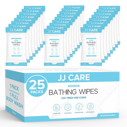 JJ CARE Body Wipes for Adults Bathing - Pack of 25 Shower Wipes For Adults Rinse Free, 200 Count Disposable No Rinse Disposable Washcloths, Waterless Body Wash for Elderly