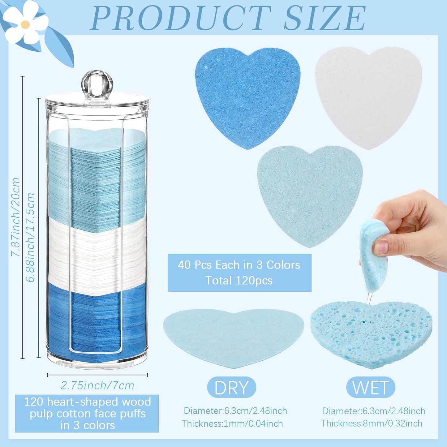 Sieral 120 Pcs Compressed Facial Sponges with Container Disposable Face Sponge Pads for Washing Face Cleansing Exfoliating Esthetician Makeup Removal(Heart,Blue, Light Blue, White)