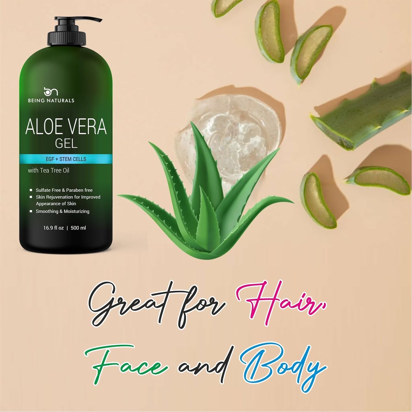 Aloe vera Gel - from 100% Pure Organic Aloe Infused with EGF, Stem Cell, Rosemary Oil - Natural Raw Moisturizer for Face, Body, Hair. Perfect for Sunburn, Acne, Razor Bumps 16.9 fl oz