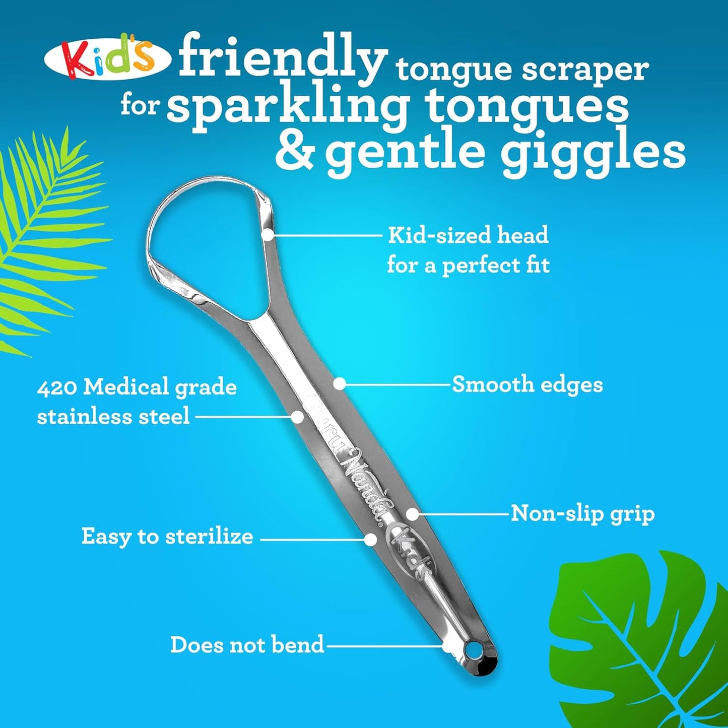 GuruNanda Kids Tongue Scraper (2-Pack) with Travel Case, Stainless Steel, Aids in Fresh Breath - Travel-Friendly Tongue Cleaner (Green/Pink/Orange)