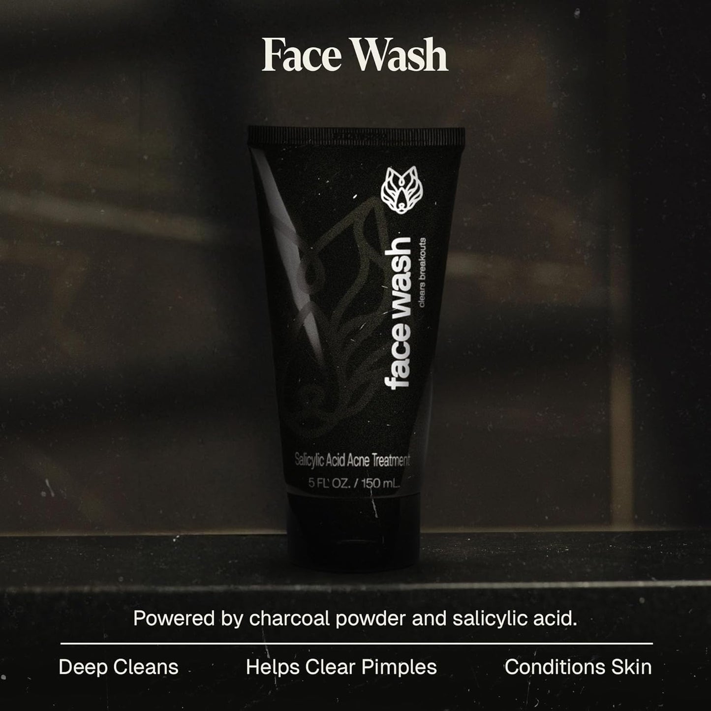 Black Wolf Men’s Charcoal Powder Face Wash, 5 Fl Oz - Facial Cleanser Removes Unwanted Impurities from Your Skin and Soothes Irritation