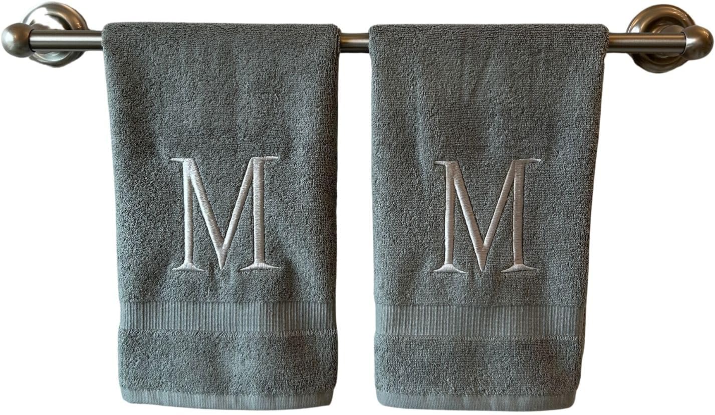 Gray Initial Hand Towel for Bathroom - Monogrammed Luxury Hotel Quality Decorative Embroidered Towel for Powder Room, Spa - GOTS Organic Certified - Set of 2 Silver Letter M