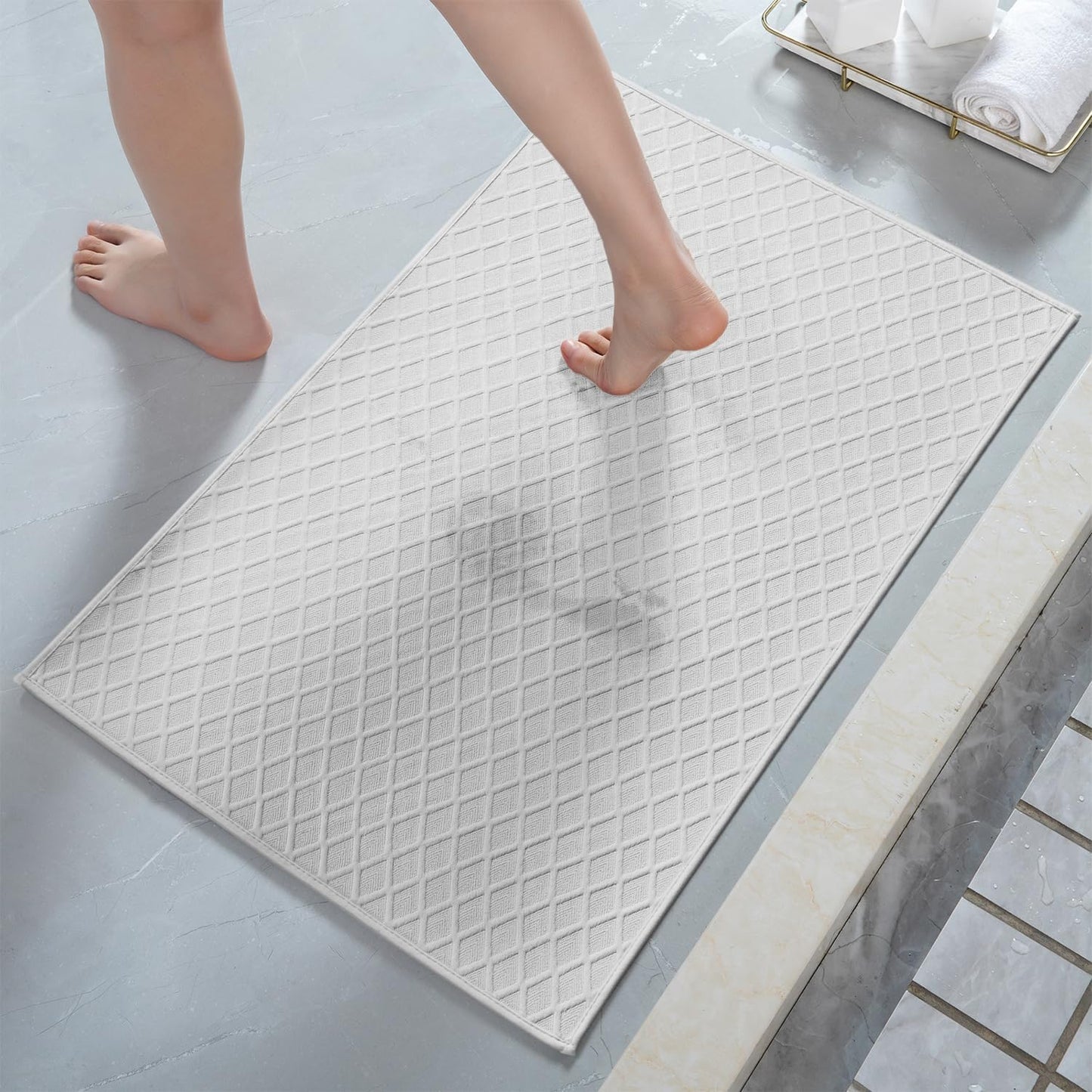 AMOAMI Ultra Thin Bathroom Rugs, Rubber Backed Bath Mats for Bathroom Non Slip, Absorbent Bathroom Mat for Floor, Shower, Sink(16"x24", White)