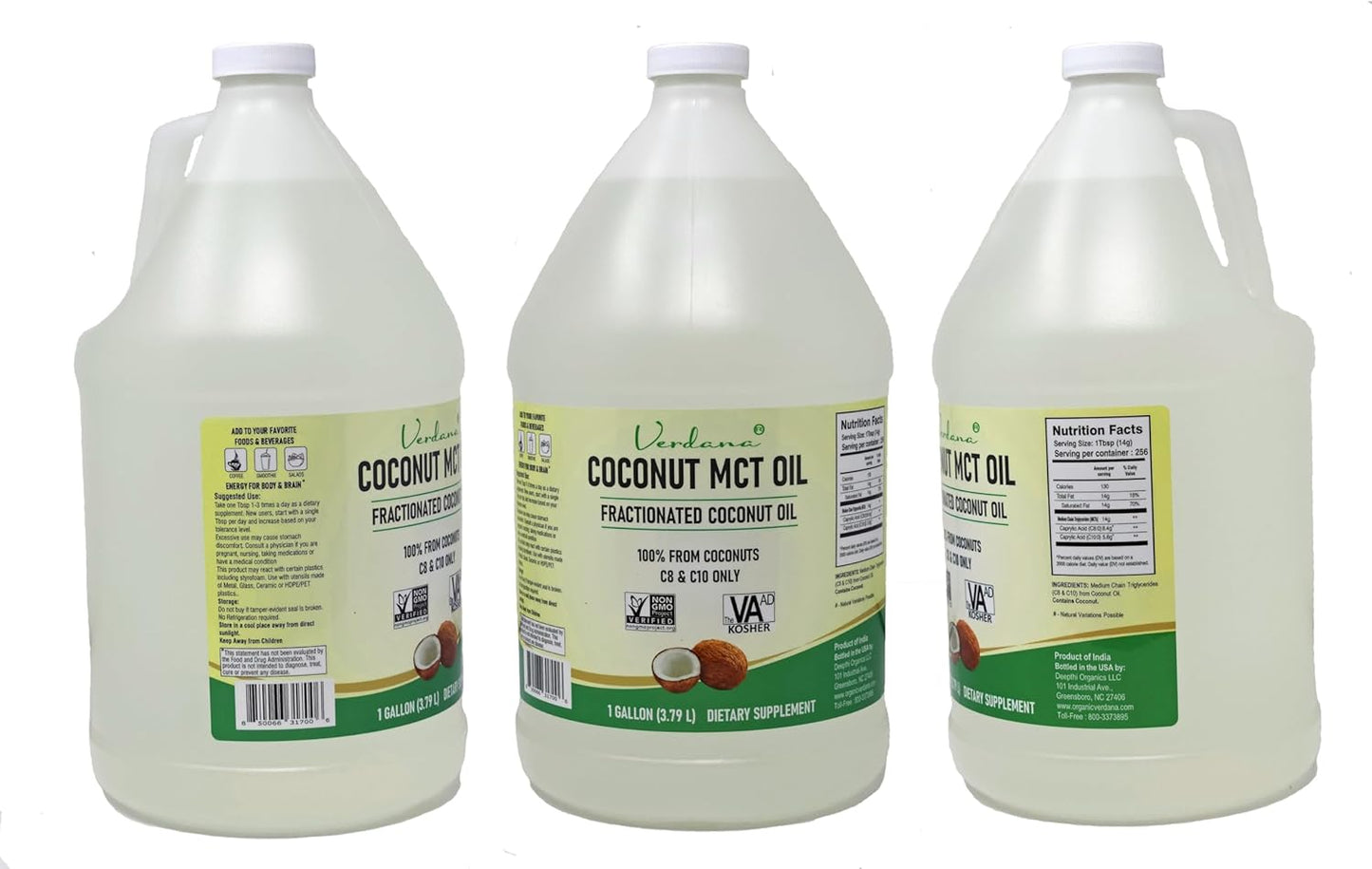 Verdana MCT Oil – 100% Coconut Derived – 1 Gallon - Kosher Food Grade – Vegan – NON GMO– Used for Keto, Paleo, Sports Nutrition, Aromatherapy, Massage, Ayurvedic Oil Pulling Oral Rinse Mouthwash