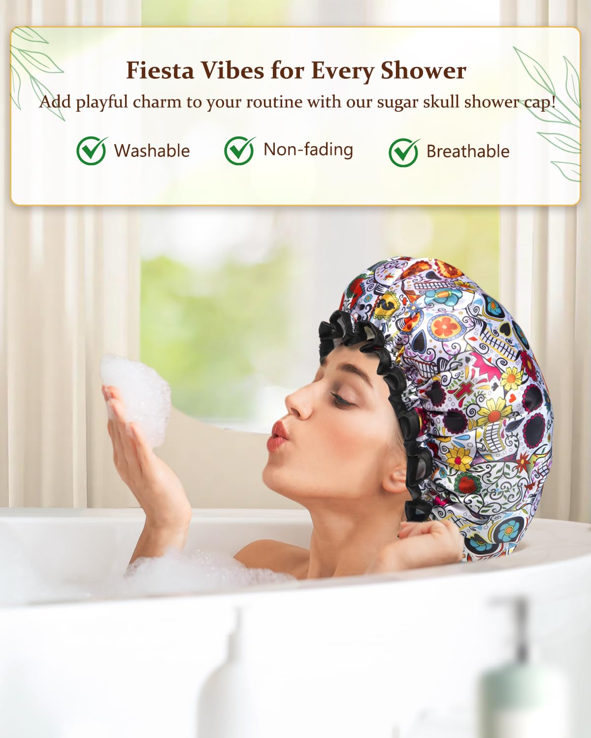 mikimini Shower Cap for Women Reusable Waterproof, Extra Large Hair Cap for Shower with Double Layers, Stylish Vibrant Designed Shower Bonnet for Long Thick Hair