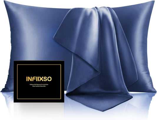 INFIIXSO Mulberry Silk Pillowcase for Hair and Skin, Silk Pillow Cases Queen Size Set of 2 with Hidden Zipper 20x30 Inches, Ultra Smooth and Soft Cooling Pillow Cases for Hot Sleepers(Navy, 2 Pack)