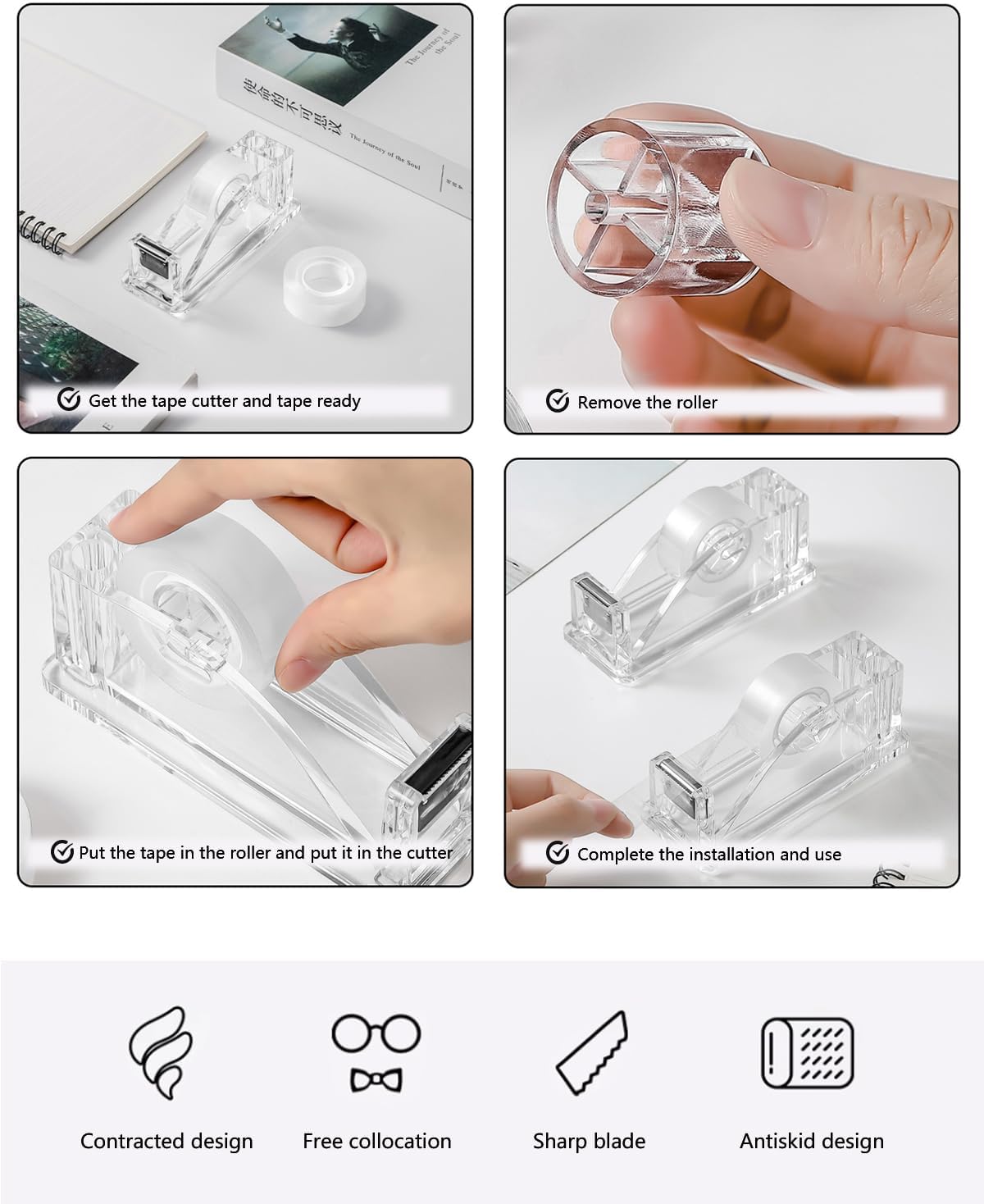 2-Piece Acrylic Tape Dispenser Desk - Durable, Stylish, and Versatile for Home, Office, or School - Fits Standard Tape Rolls - Desktop Convenience for Easy Organization（Silvery）