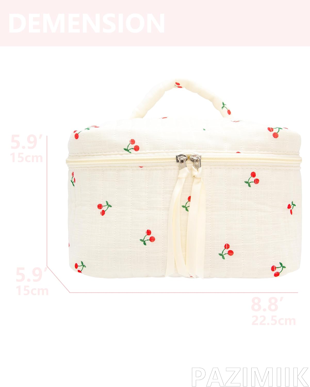 PAZIMIIK Quilted Makeup Bag Large Travel Zipper Soft Cosmetic Case for Women Girls Make Up,Cherry Beige