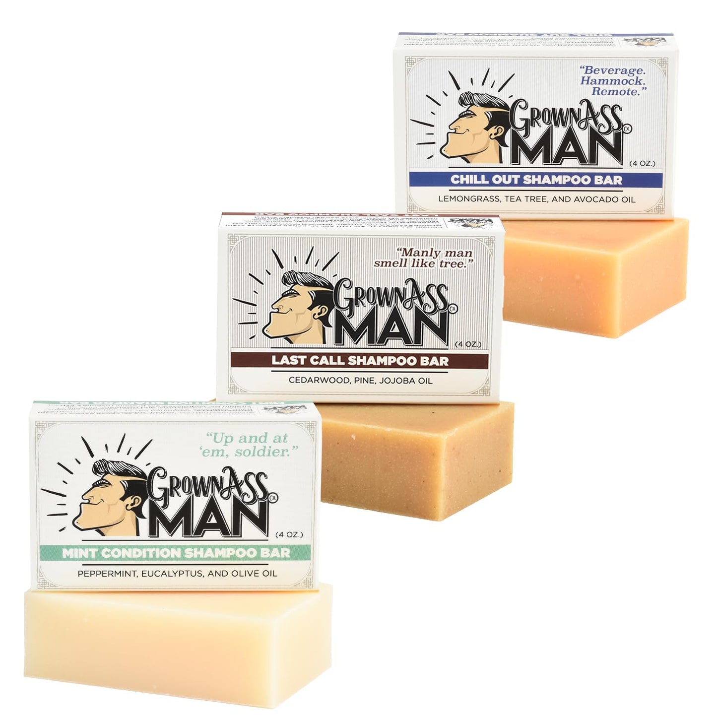 Grown Ass Man Co. - Solid Shampoo Bar Rich Lather 3 in 1: Hair, Beard & Body Wash - Plastic Free & Eco-Friendly, Natural & Organic Clean for All Hair Types, 4oz Bar (Variety, 3-Pack)