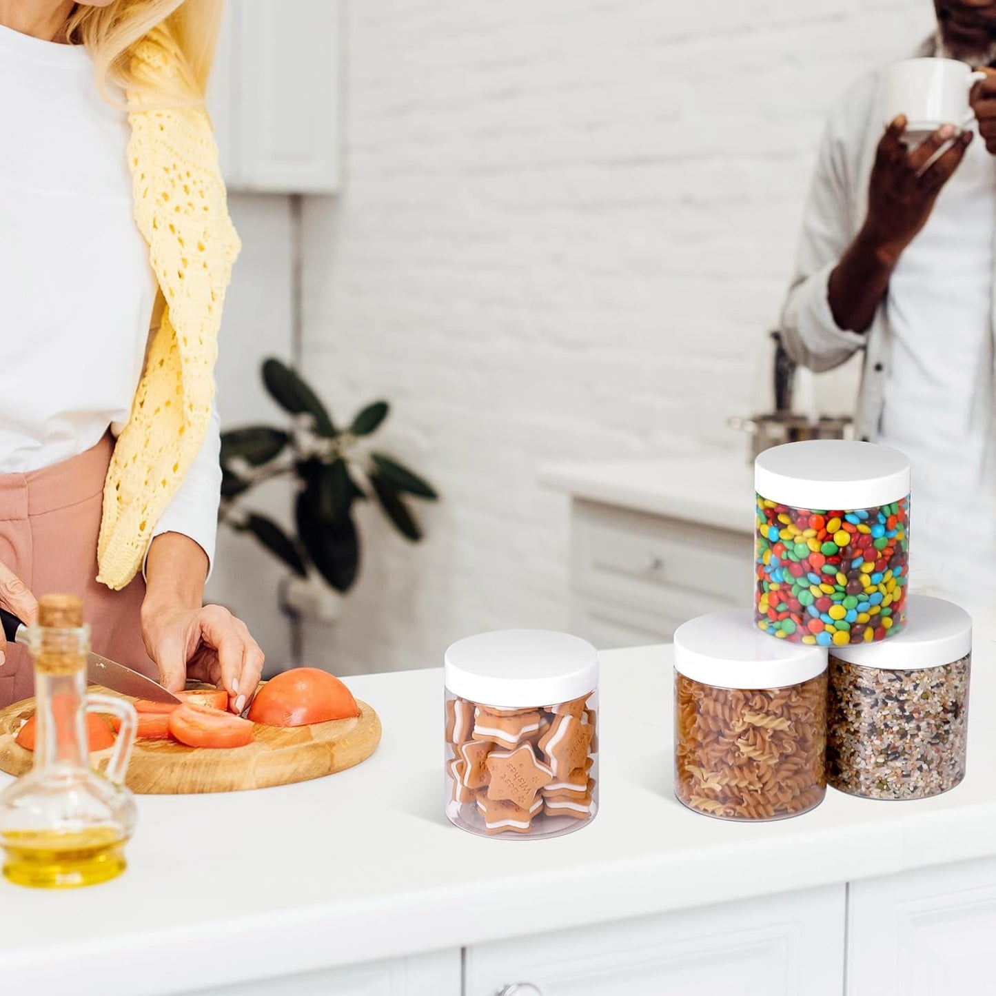 SATINIOR 12 Pack 16 oz Plastic Container Jars with Lids Round Clear Travel Cosmetic Container Slime Jars for Toiletries, Lotion, Cream, Ointments, Makeup, Rhinestone, Samples, Kitchen Storage(White)