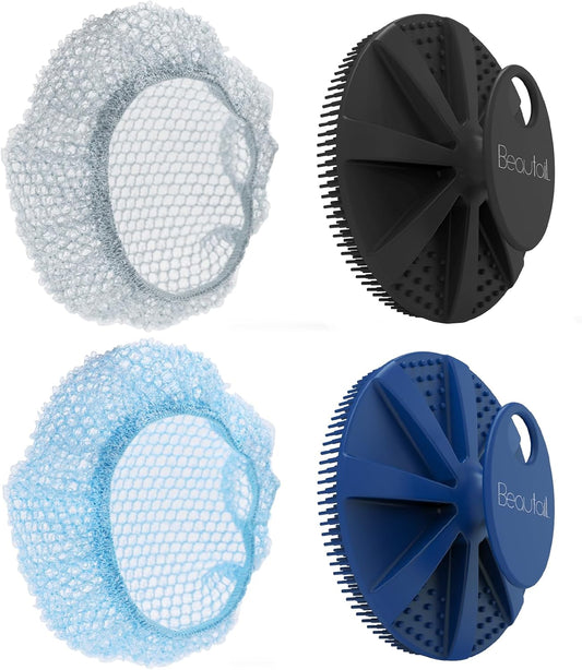 Silicone Body Scrubber & Scrub Nets, BEAUTAIL 4 Pack – Rich Foam and Exfoliation with Gentle Brush or Firmer Net Options – Hygienic, Durable, Easy to Clean – 2 Brushes (Black+Blue), 2 Nets (Gray+Blue)