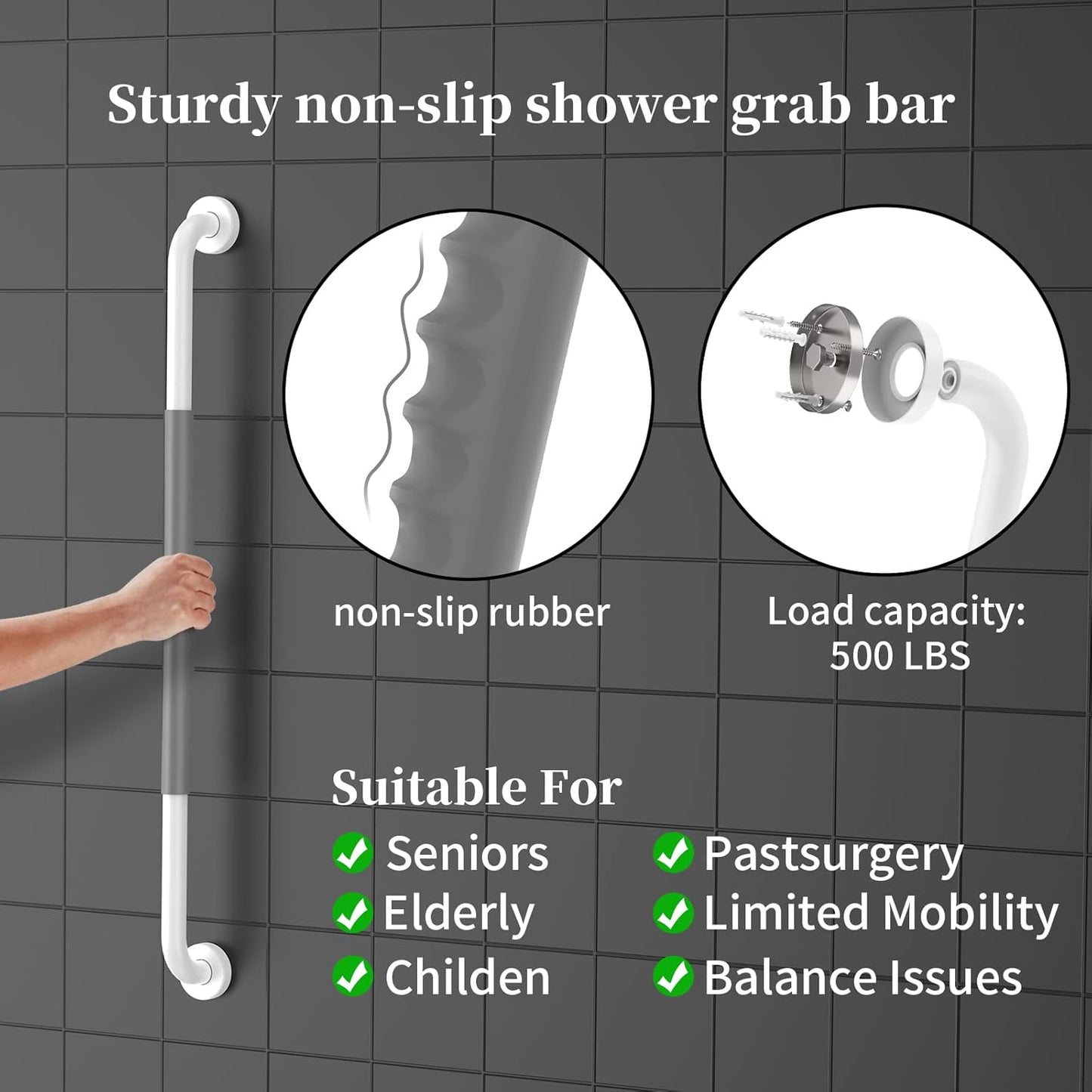 32 Inch Anti Slip Shower Grab Bar, Munzong White Stainless Steel Bathroom Grab Bar w/Gray Rubber Grip, Bathroom Balance Bar,Safety Handrail Support,Handicap Elderly Senior Assist Bath Handle