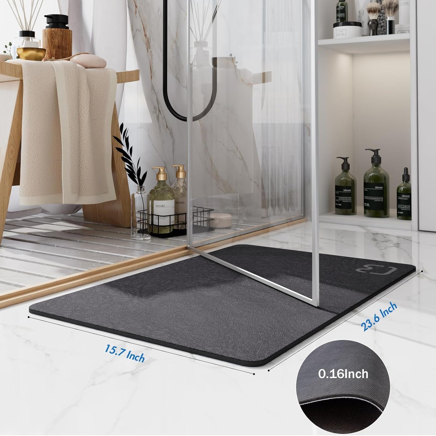 Diatomaceous Earth Bath Mat Rugs Quick Dry Super Absorbent Non Slip Rubber BottomThin Bathroom Mat Fit Under Door, Floor Rugs in Front of Bathtub,Shower Room,Sink,Washable, 15.7" x 23.6", Dark Grey