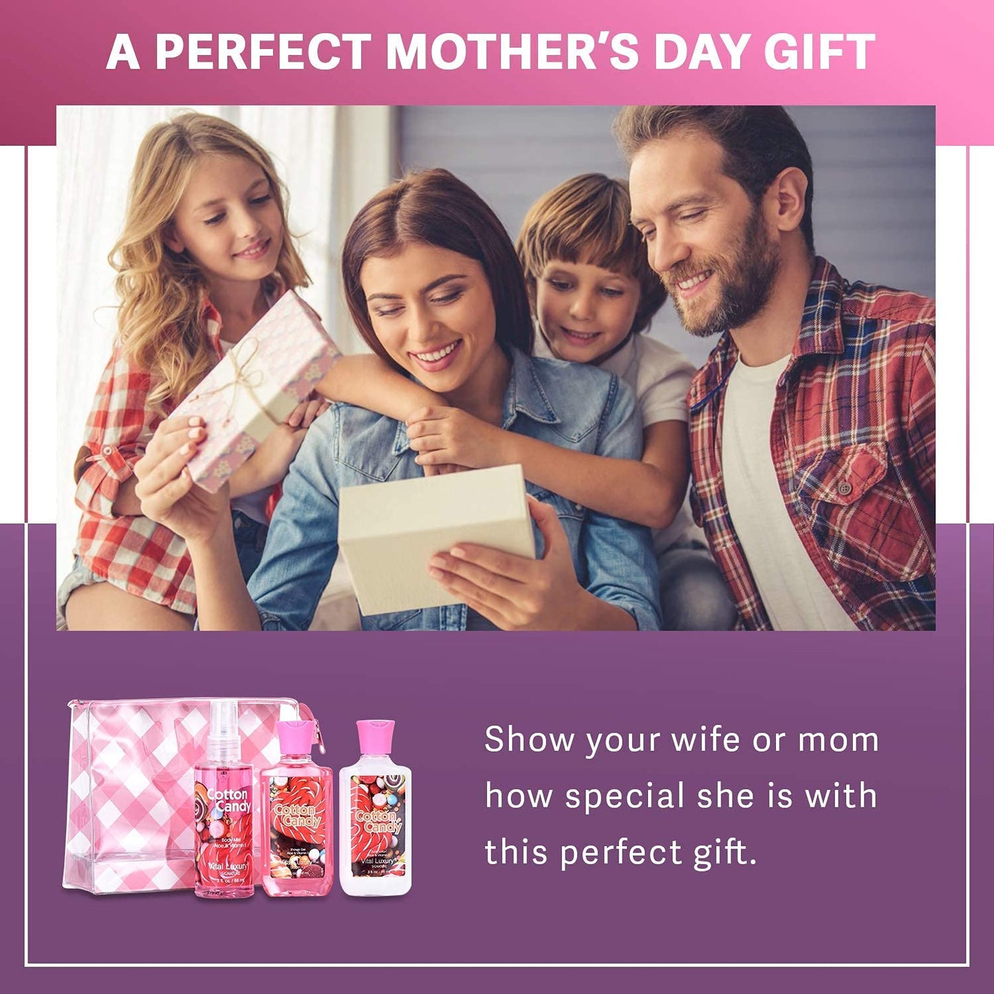 Cotton Candy Bath & Body Care Travel Set, Home Spa Gift Set Includes Body Lotion, Shower Gel, and Fragrance Mist, Personal Body Care Travel Set, Birthday Mother's Valentine's Day Gifts