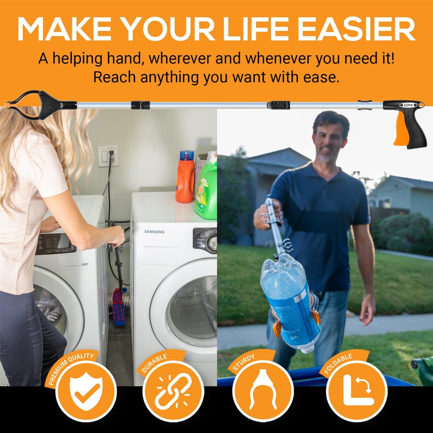 EZPIK Pro 43" Foldable Grabber Reacher Tool for Seniors - Grabbers for Elderly Reaching Tool Heavy Duty Pickup Trash Picker Upper Equipment - Claw Grabber Stick for Reaching Aids, Weed Gripper 2-Pack