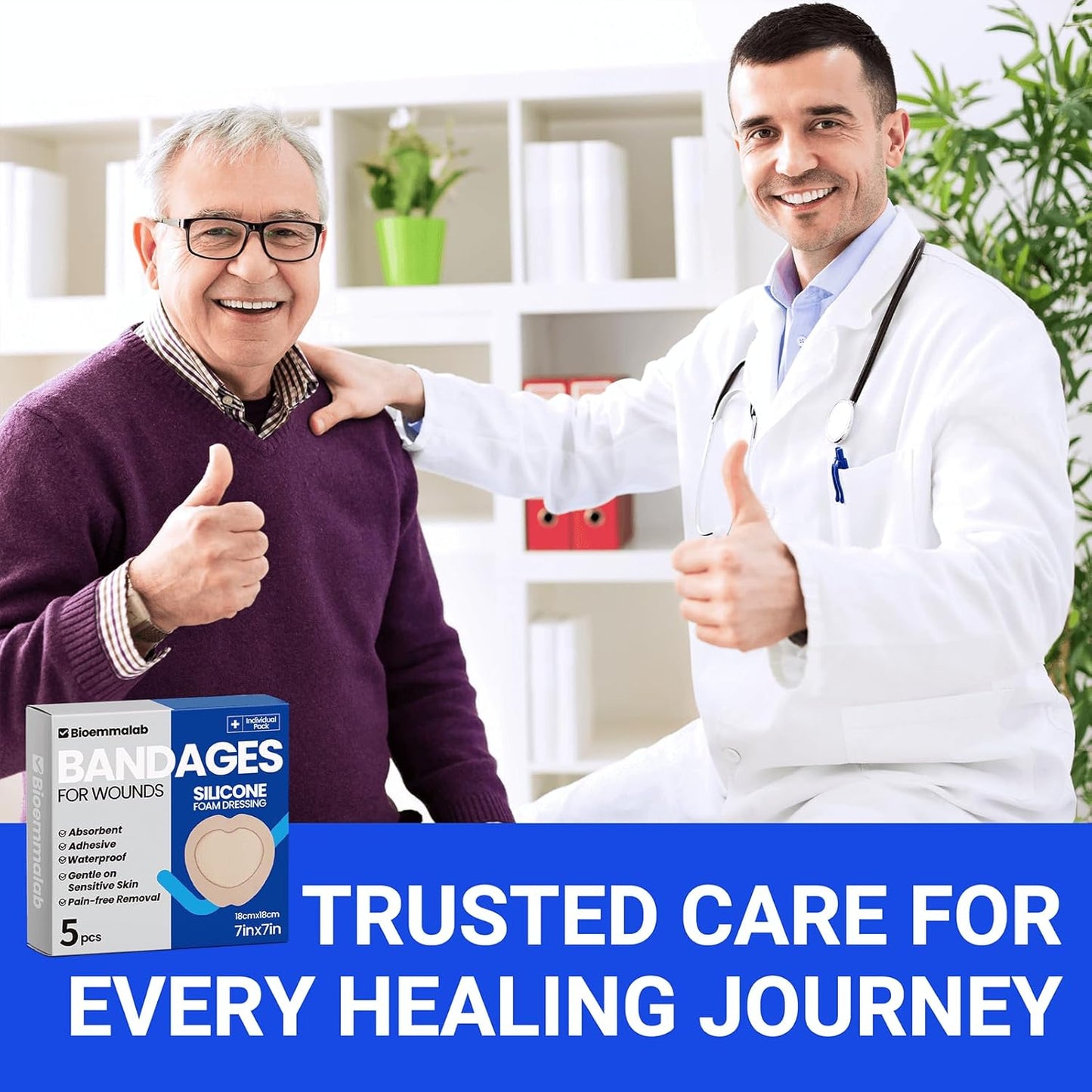 Large Waterproof Bandages 7X7 Silicone Foam Dressing for Sensitive Skin Wound Care, Adhesive Cohesive Pad with Border for First Aid, Post Surgical and Burn, Pressure, Scar Healing (5 PCS)