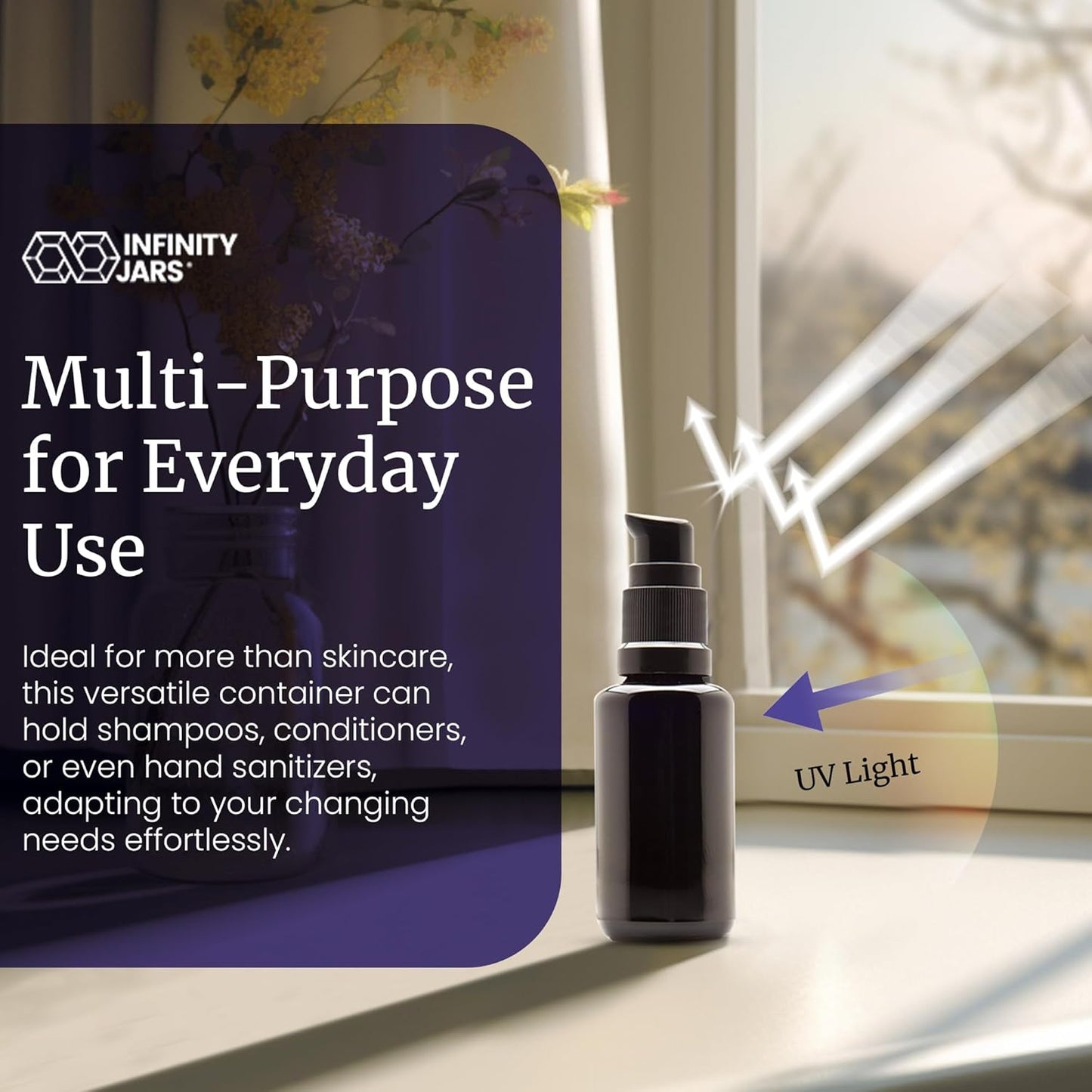 Infinity Jars Ultraviolet Glass Push Pump Bottle 30 Ml (1 fl oz) Refillable Containers for Lotion Homemade Cosmetics Make-up Skin Care Cream, Lotion, Shampoo, Conditioner Dispenser Bottles