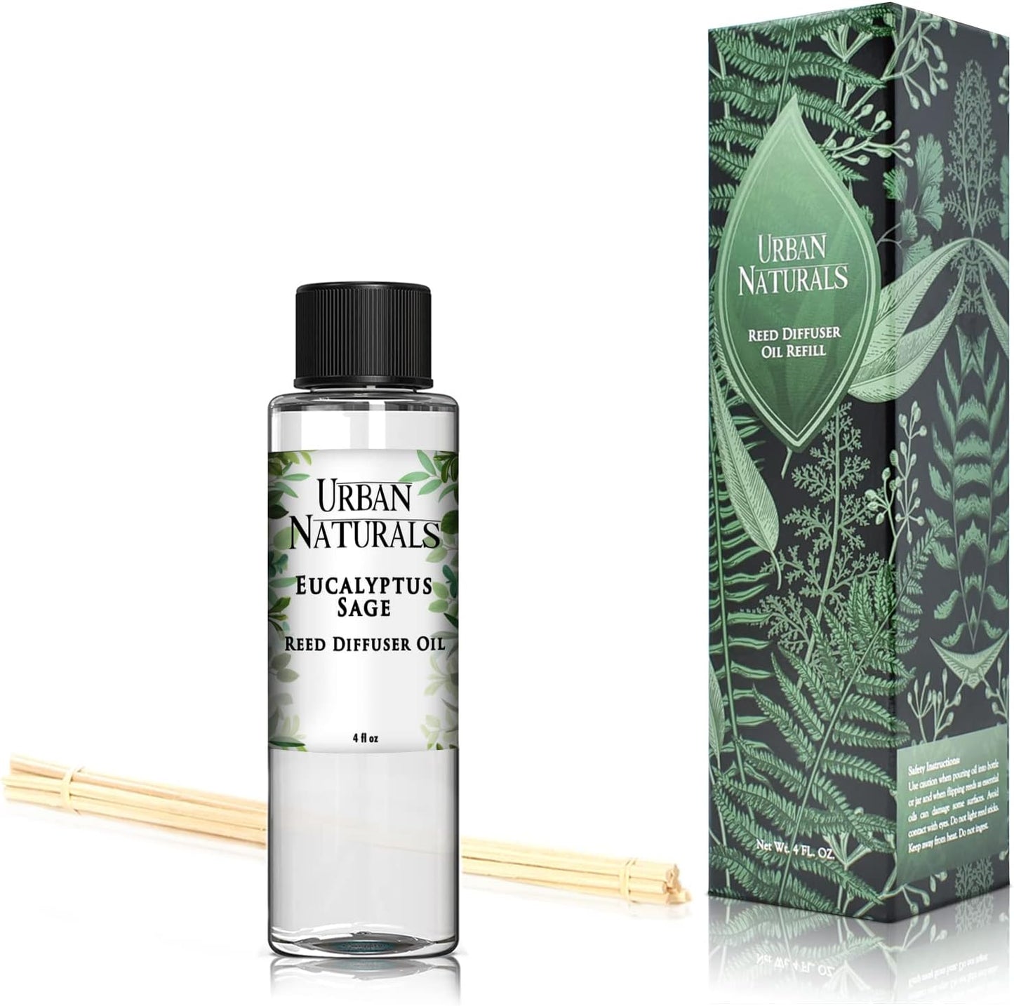 Urban Naturals Eucalyptus & Sage Oil Reed Diffuser Refill | Eucalyptus, Sage, Mint, Lime and Cedarwood| Includes a Free Set of Reed Sticks! 4 oz