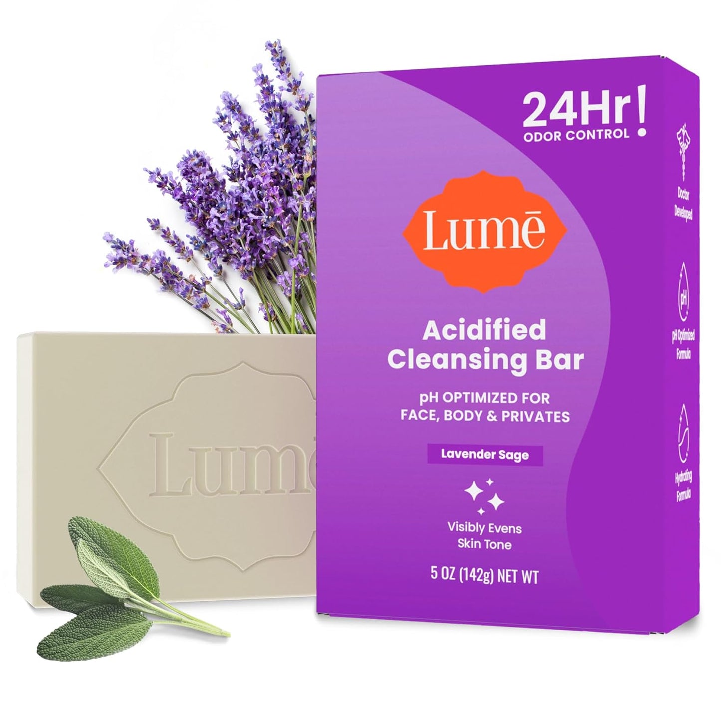 Lume Acidified Body Cleansing Bar - 24 Hour Odor Control - Removes Odor Better than Soap - Moisturizing Formula - Formulated Without SLS and Parabens - OB/GYN Developed - 5 ounce (Lavender Sage)