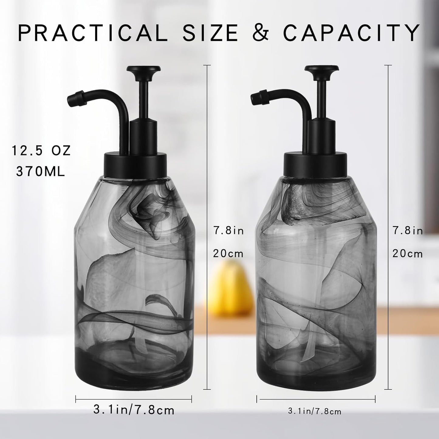 2 Pack Thick Marble Glass Soap Dispenser with Smooth-action Pump,12.5 oz Decorative Black Hand Soap Dispensers Set for Bathroom&Kitchen,Luxury Dispenser for Liquid Dish Soap,Lotion,Coffee Syrup