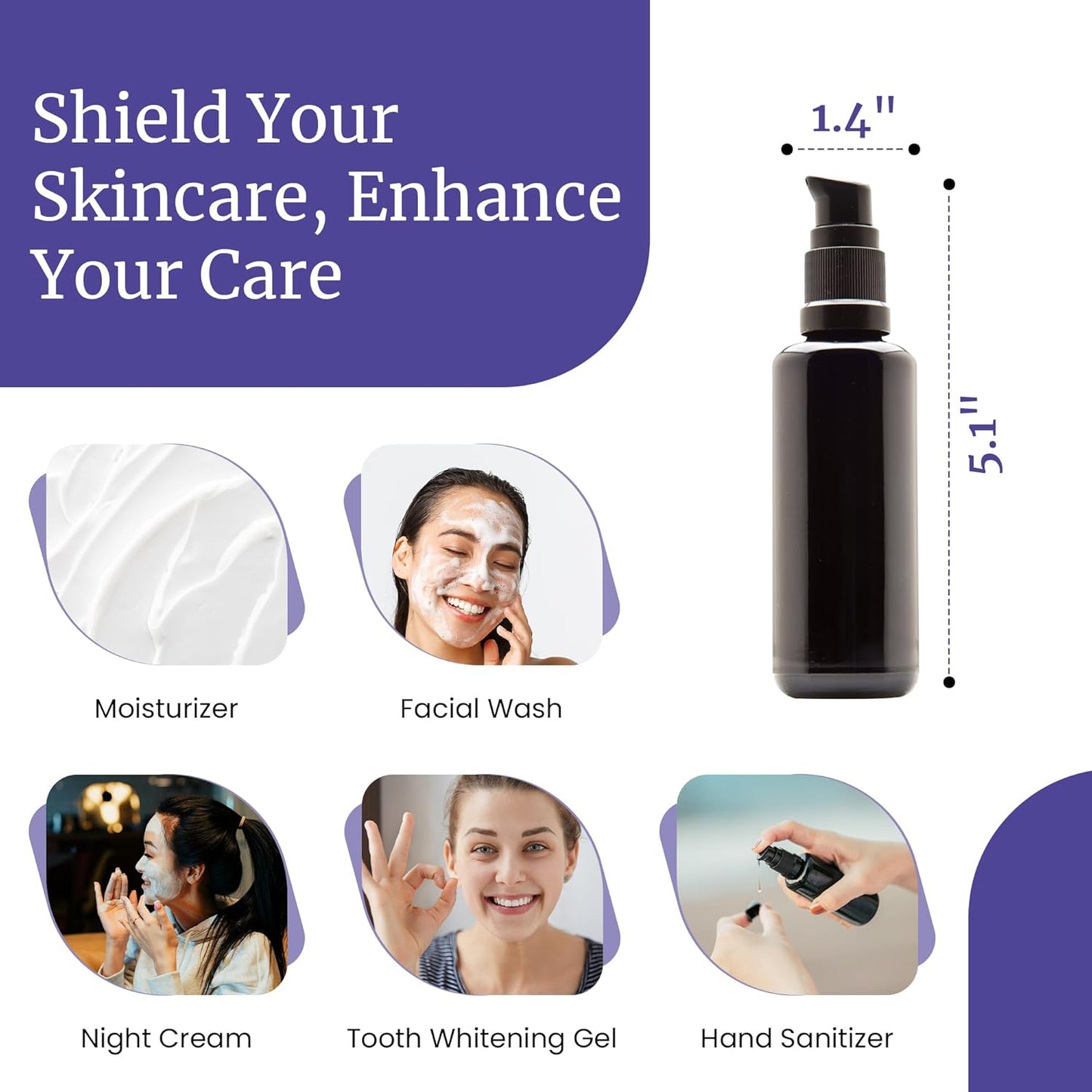 Infinity Jars 50 Ml (1.7 fl oz) Refillable Ultraviolet Black Glass Pump Bottles Leak-Proof Travel Containers for Toner, Sanitizer, Beard Oil, Hair Serum, Essential Oils