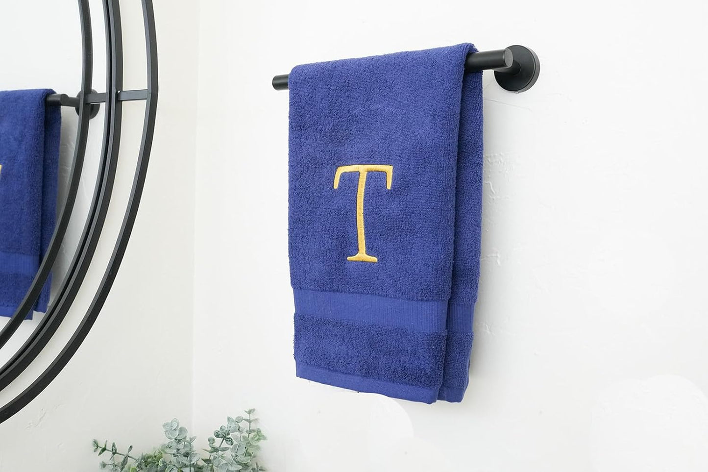 Navy Bathroom Hand Towel - Monogrammed Luxury Hotel Quality Decorative Embroidered Towel for Powder Room, Spa - GOTS Organic Certified - Set of 2 Gold Letter T