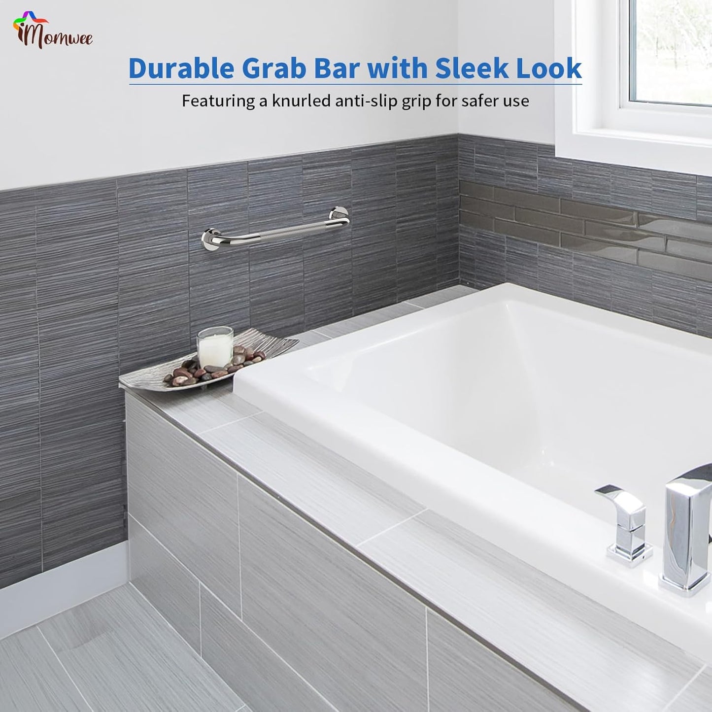 Anti-Slip Chrome Grab Bar 16 Inch, iMomwee 2 Pack Stainless Steel Bathroom Grab Bar w/Knurled Grip, Safety Shower Grab Bar for Wall, Toilet Balanced Support Bar Bathtub Assist Handle for Elderly