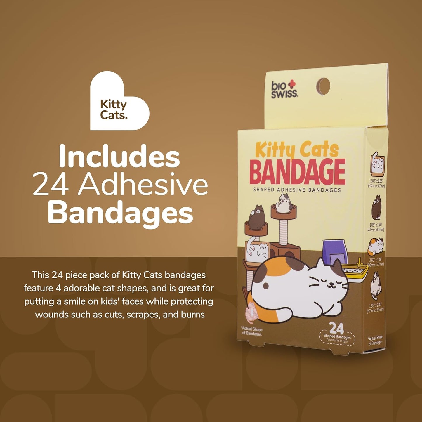 BioSwiss Kids Bandages, Kitty Cats Shaped Self Adhesive Bandage Set, Latex Free, Sterile Wound Care, 24 Count
