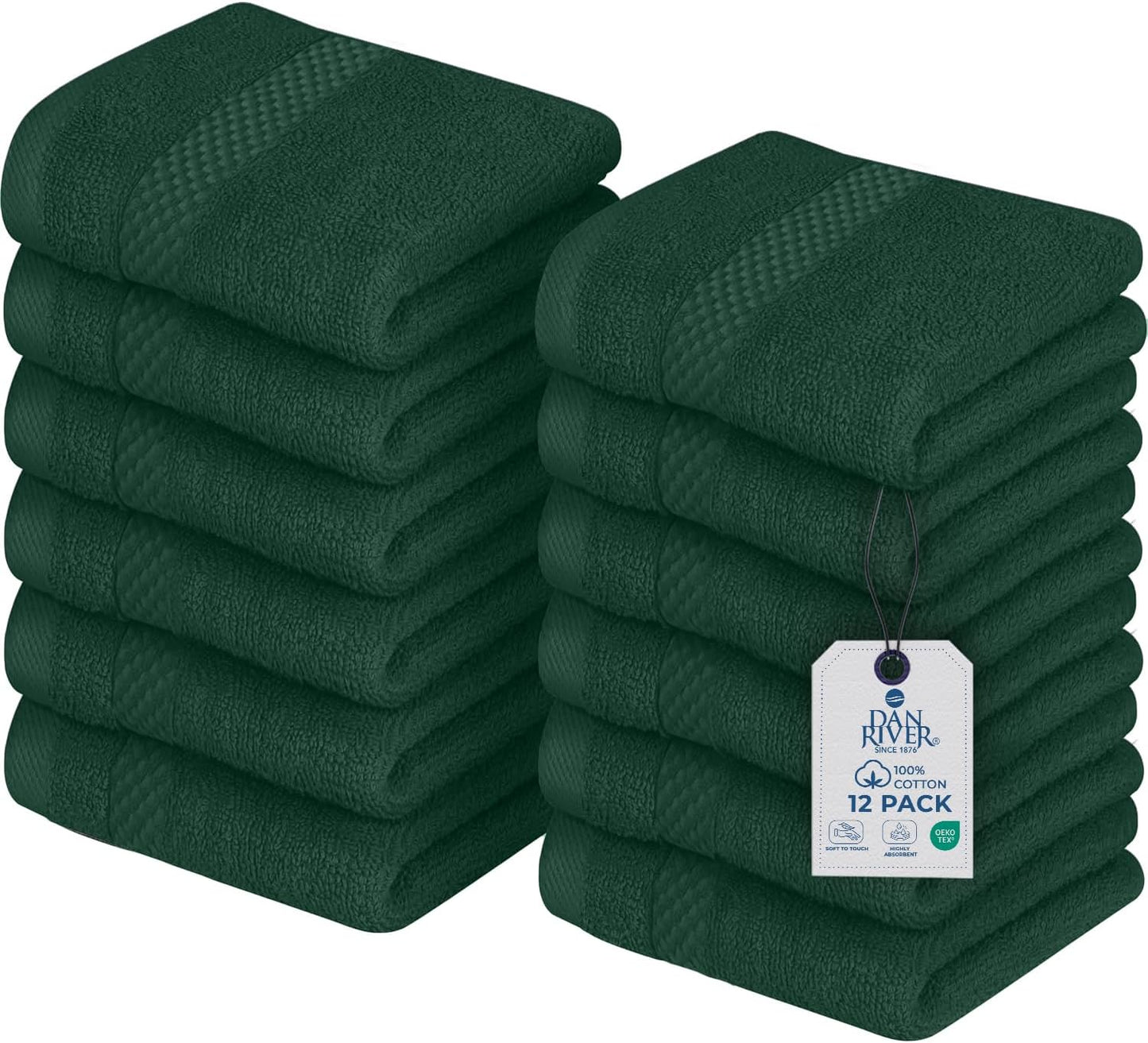 DAN RIVER 12-Pack Premium 100% Cotton Huntergreen Face Towels – Reusable Face Towel Set, Soft & Absorbent Cleaning Rags for Bathroom & Body – Hand and Face Towels, 550 GSM (12x12 in)