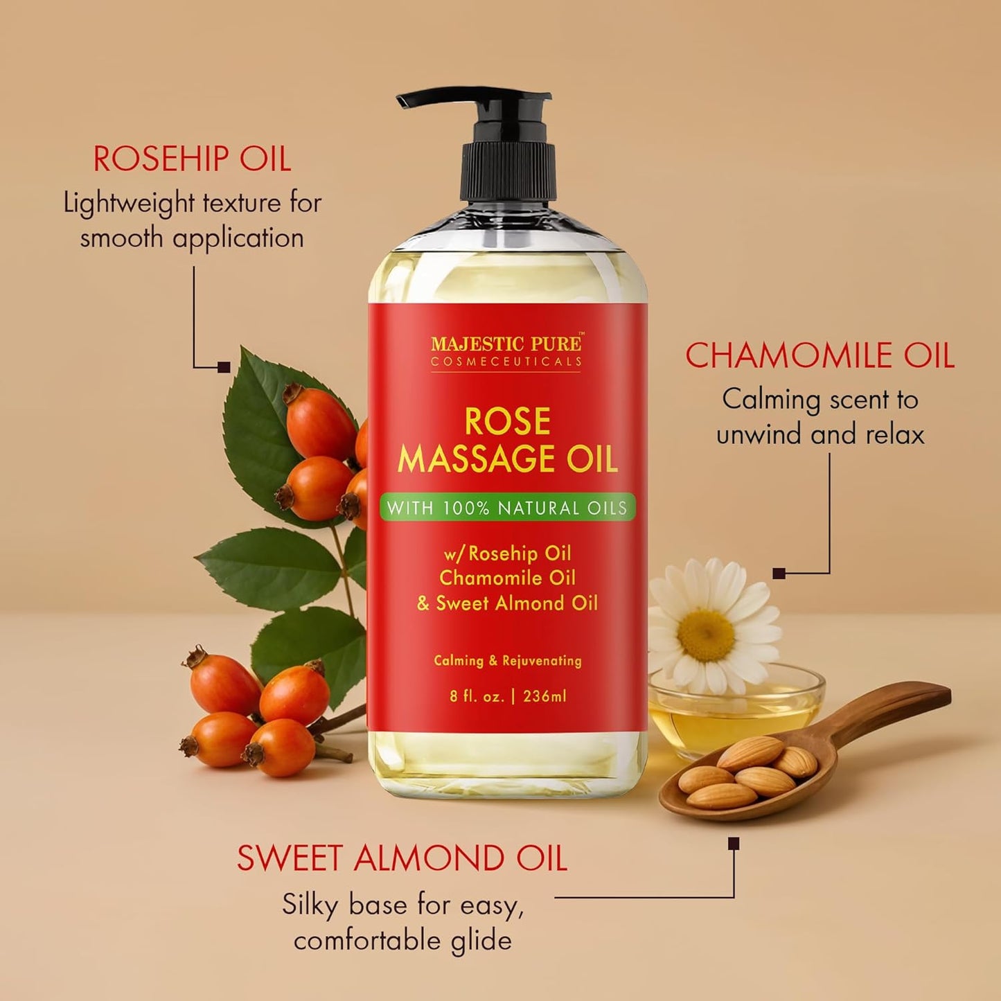 MAJESTIC PURE Rose Massage Oil for Massage Therapy - Refreshing, and Relaxing - Natural Oils - for All Skin Types - Men and Women - 8 fl oz