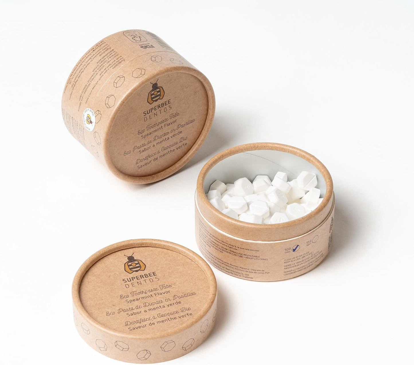 SuperBee Dentos Toothpaste Tablets, 150 Tabs, Fluoride Free & Eco Friendly, Travel Mouthwash Tablets, Sensitive Bites Kids Adults, Chewable Tablet, Spearmint