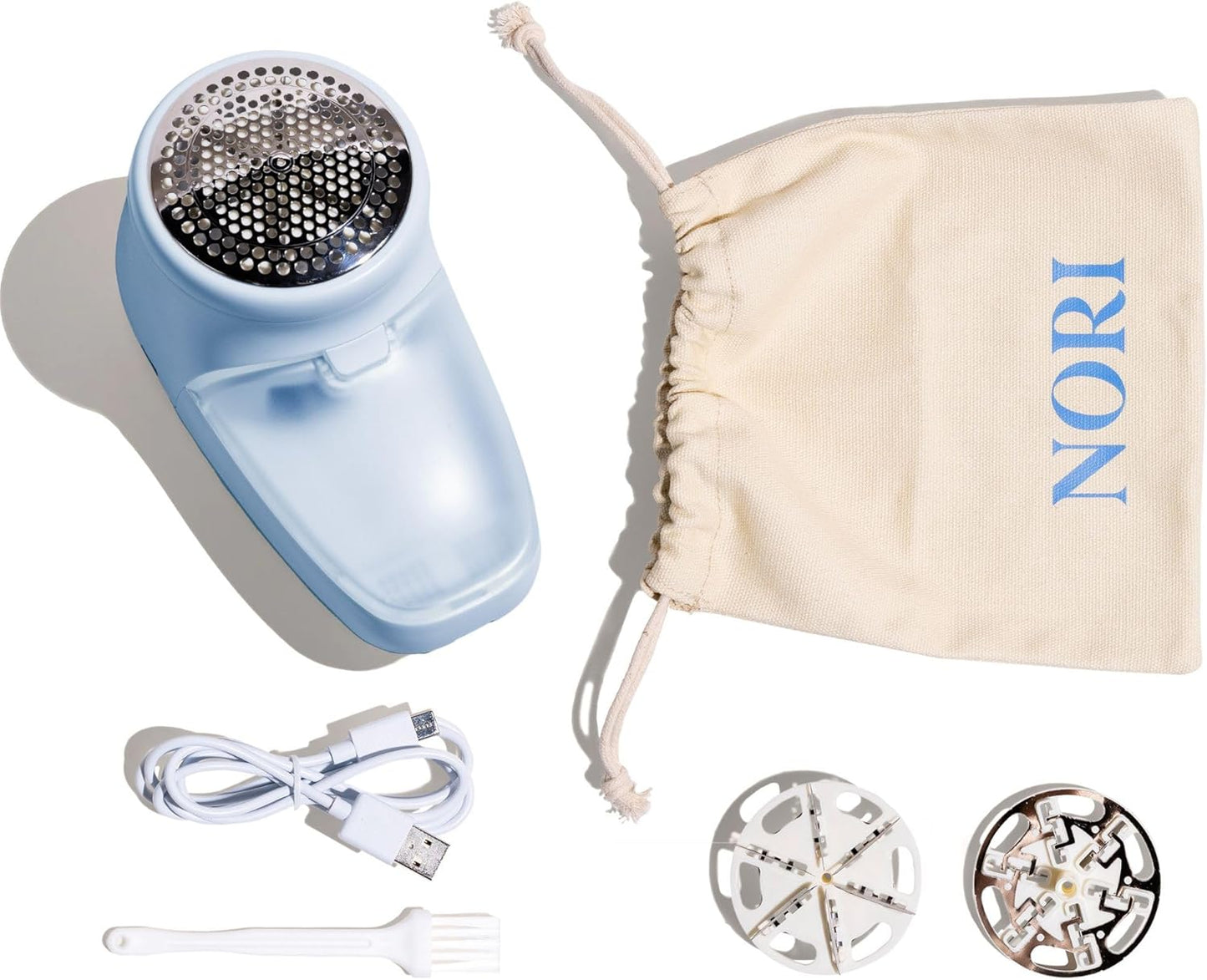 Nori Trim Fabric Shaver - Lint Remover for Clothes & Furniture Couch Pilling - Sweater Pill Remover - Clothes Shaver with 6 Precision Blades - Wireless and Rechargeable - Blue