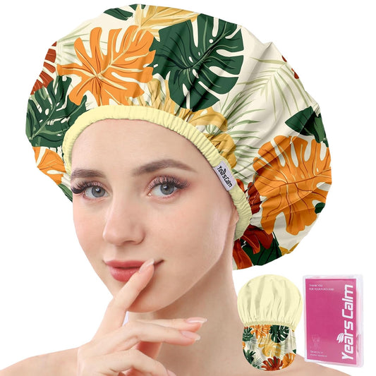 Years calm Shower Caps for Women Reusable Waterproof – Double Layer Elastic Cap with Tropical Botanical Print Shower Cap for Shower, Spa, Travel, Bath & Daily Hair Protection