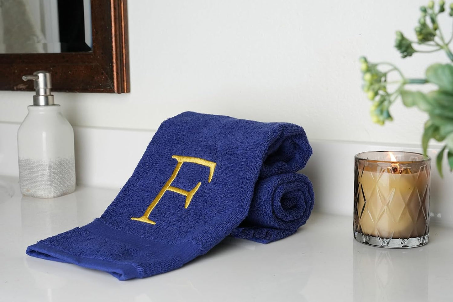Navy Monogrammed Hand Towel for Bathroom - Initial Hotel Quality Decorative Embroidered Luxury Towel for Powder Room, Spa - GOTS Organic Certified - Pack of 2, Letter F