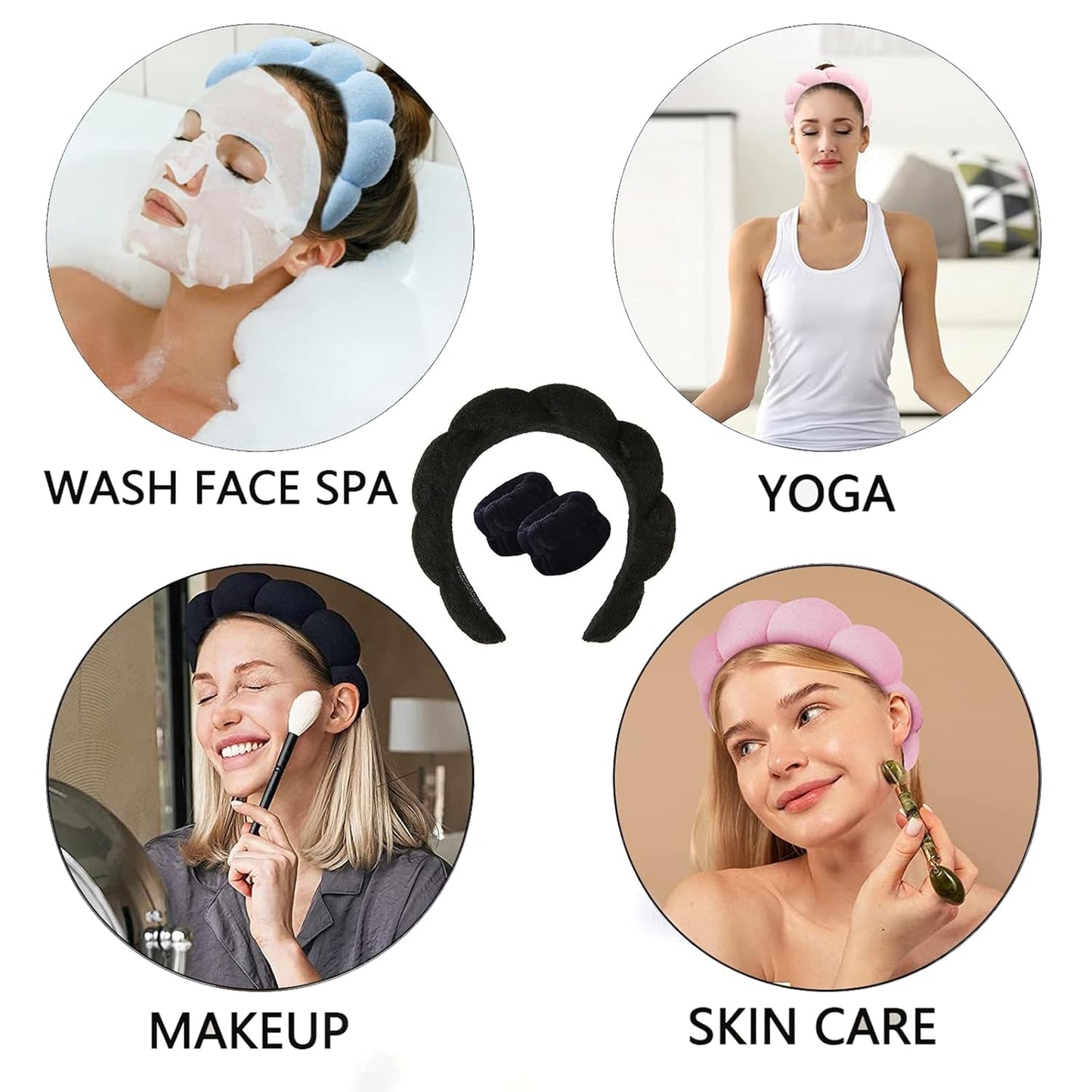 Spa Headband and Wristband Set for Women,Terry Cloth Sponge Headband for Washing Face,Makeup,Facial Mask and Skincare (Black,Blue, One Size)