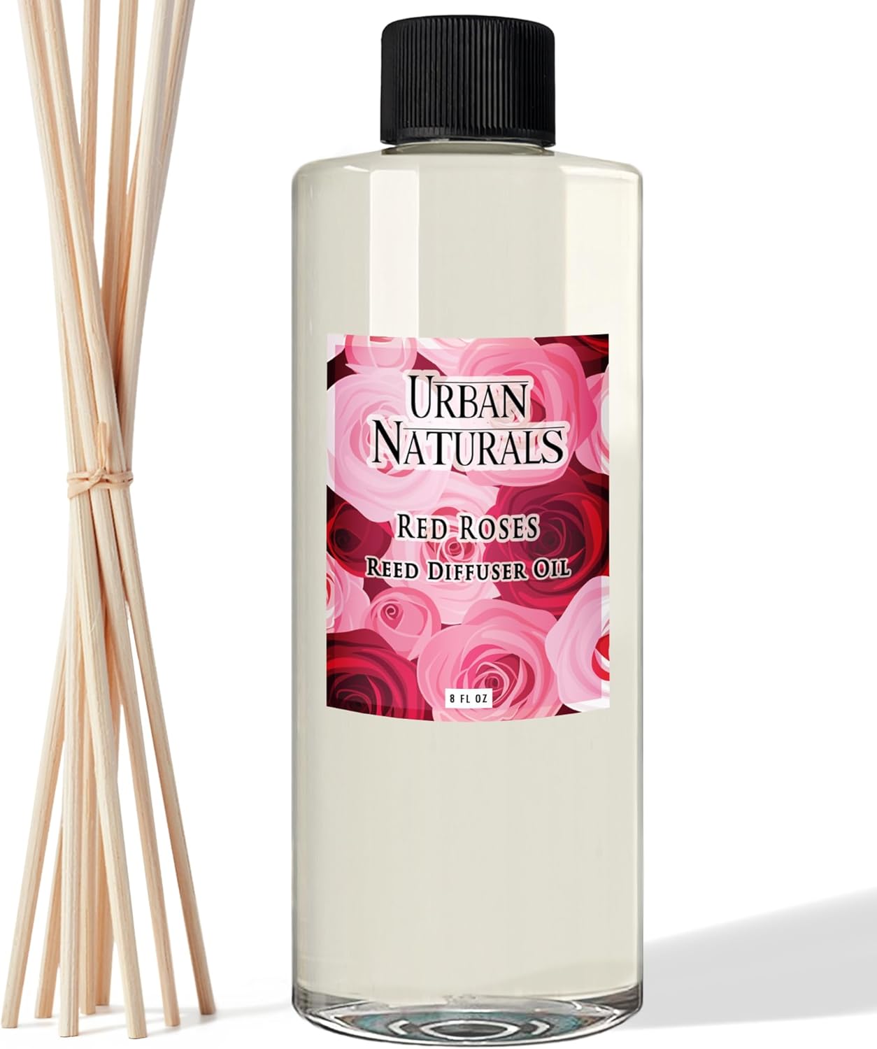 Urban Naturals Reed Diffuser Oil Refill Red Roses with White Peony, Cashmere Wood 8 oz + Free Reed Sticks, Made in The USA