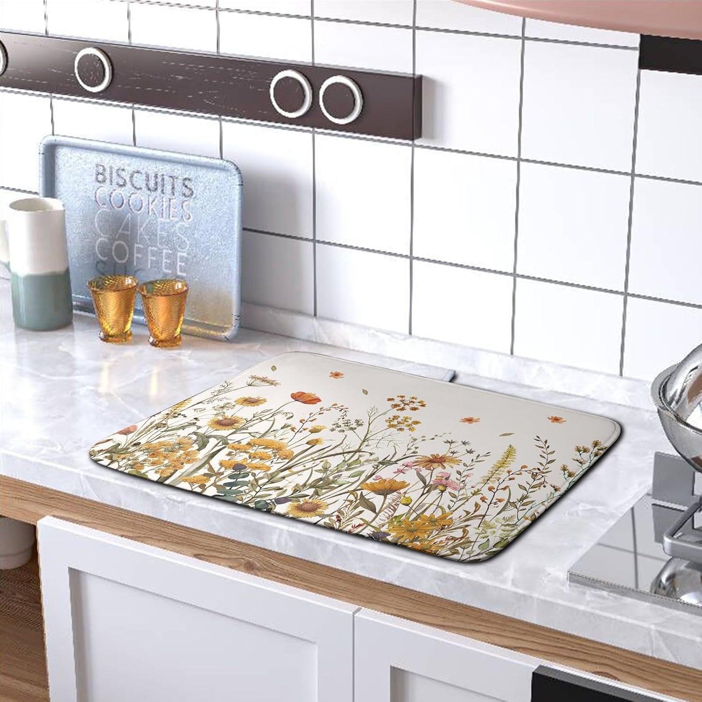 Fall Floral Dish Drying Mat for Kitchen Counter Autumn Burnt Orange Wild Flowers Dish Draining Mat Absorbent Microfiber Dishes Pad Washable Dish Drainer Rack Mat Large 18"x24"