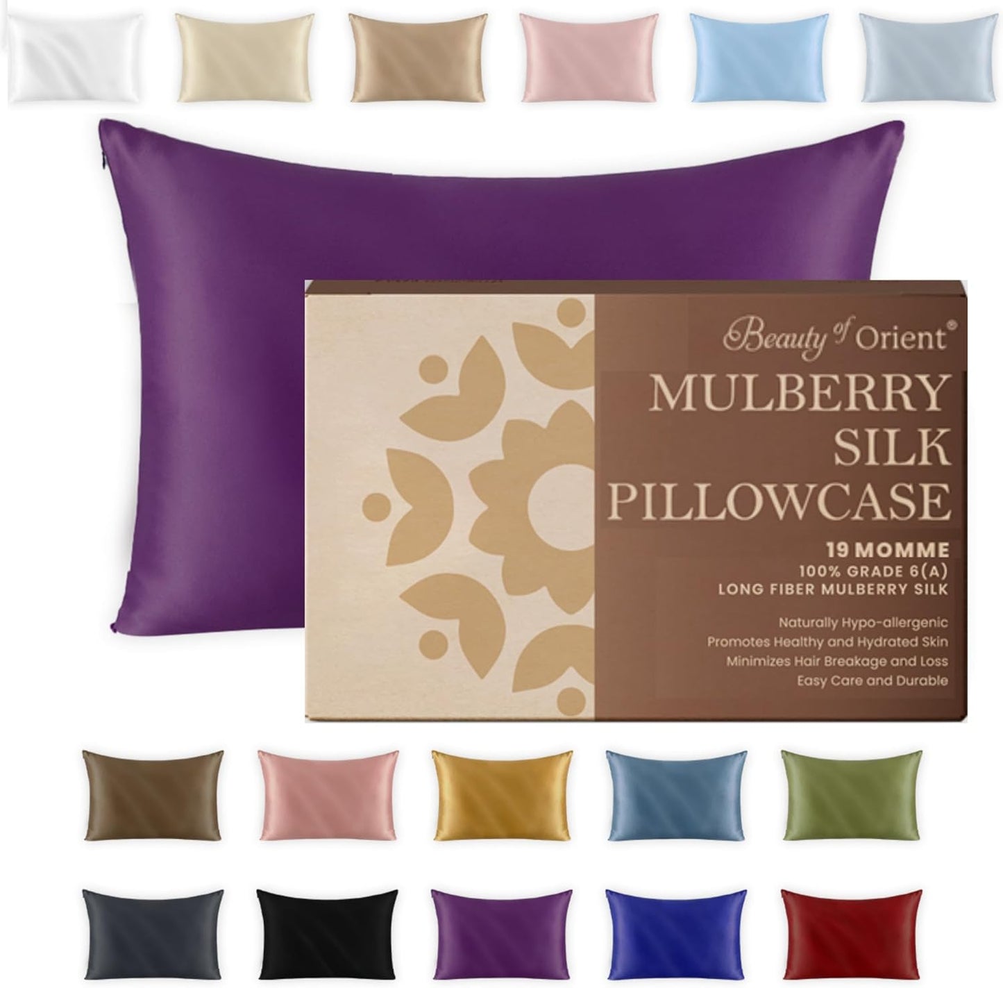 19 Momme Premium Mulberry Silk Pillowcase for Hair and Skin | Handcrafted Hypoallergenic & Anti-Acne 100% Silk Pillow Cases with Zipper | Queen - 20" x 30", Purple Passion