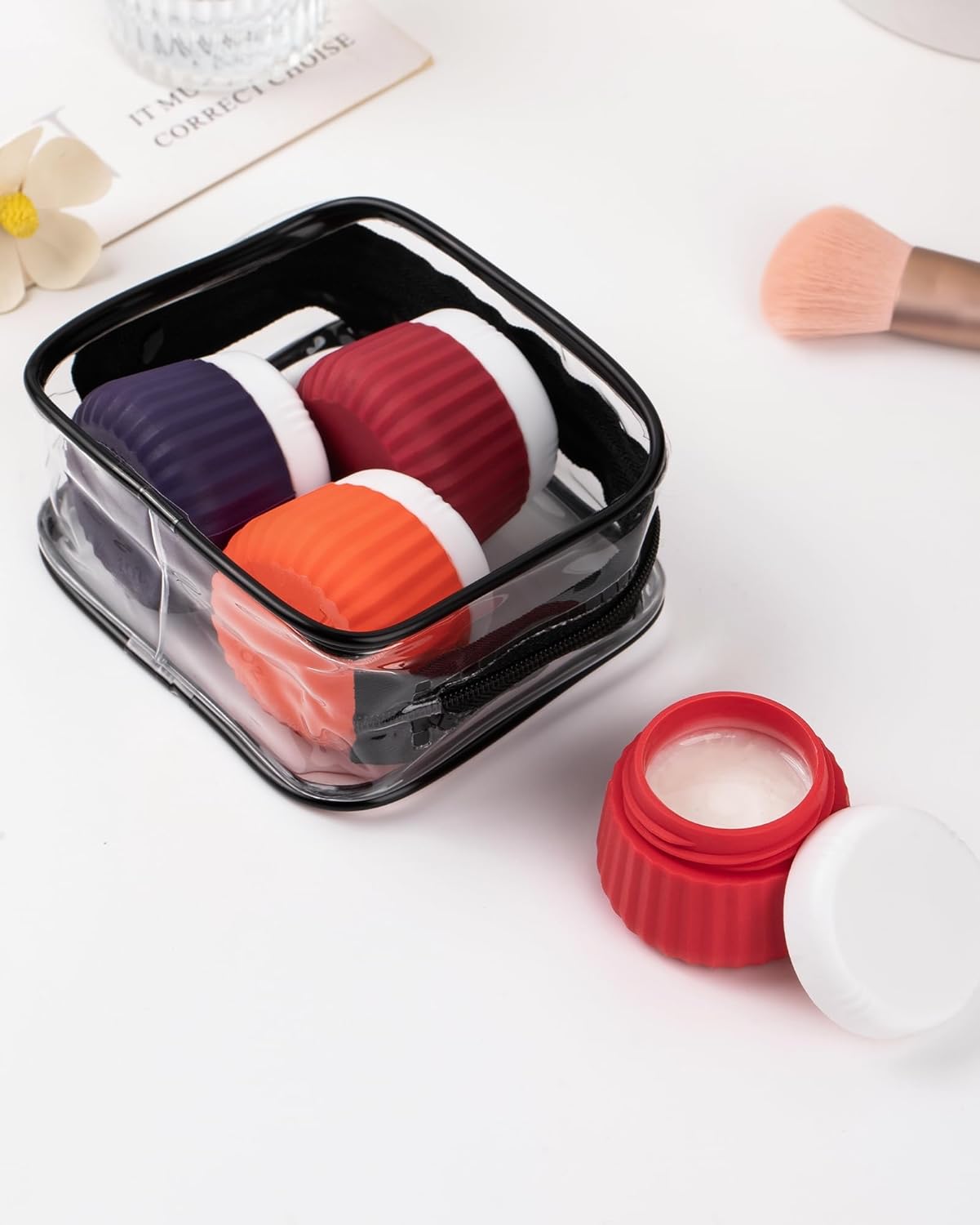 Travel Containers for Toiletries 4 Pack, TSA Approved Travel Size Toiletries, Travel Size Containers, With Clear Bag Leak Proof Silicone Jars, Travel Essentials Creams Jars Carrying Small Items