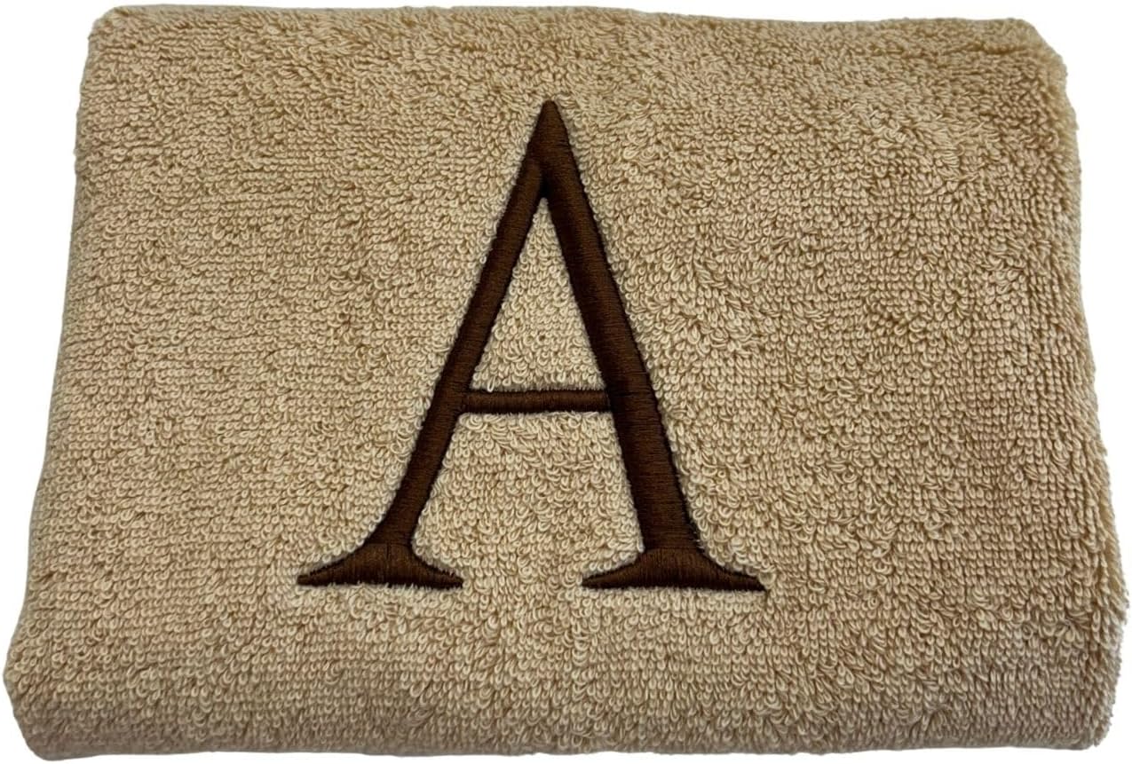 Beige Initial Hand Towel for Bathroom - Monogrammed Luxury Hotel Quality Decorative Embroidered Towel for Powder Room, Spa - GOTS Organic Certified - Set of 2 Brown Letter V