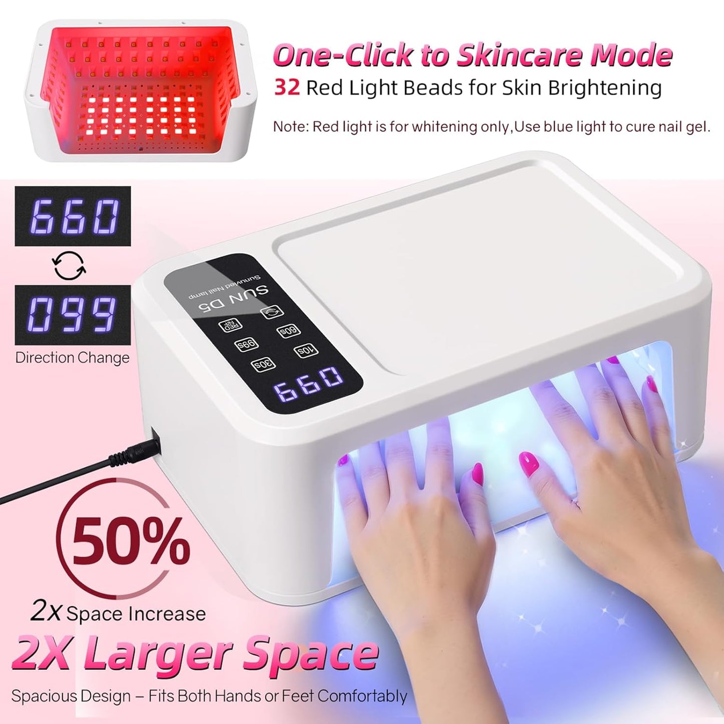 UV LED Nail Lamp, 120W UV Light for Gel Nails with 140 Beads, Fast Curing Professional Nail Dryer, Two-Hand Design, Red Light Skincare, Auto Sensor, LCD Display, 4 Timers for Fingernails & Toenails